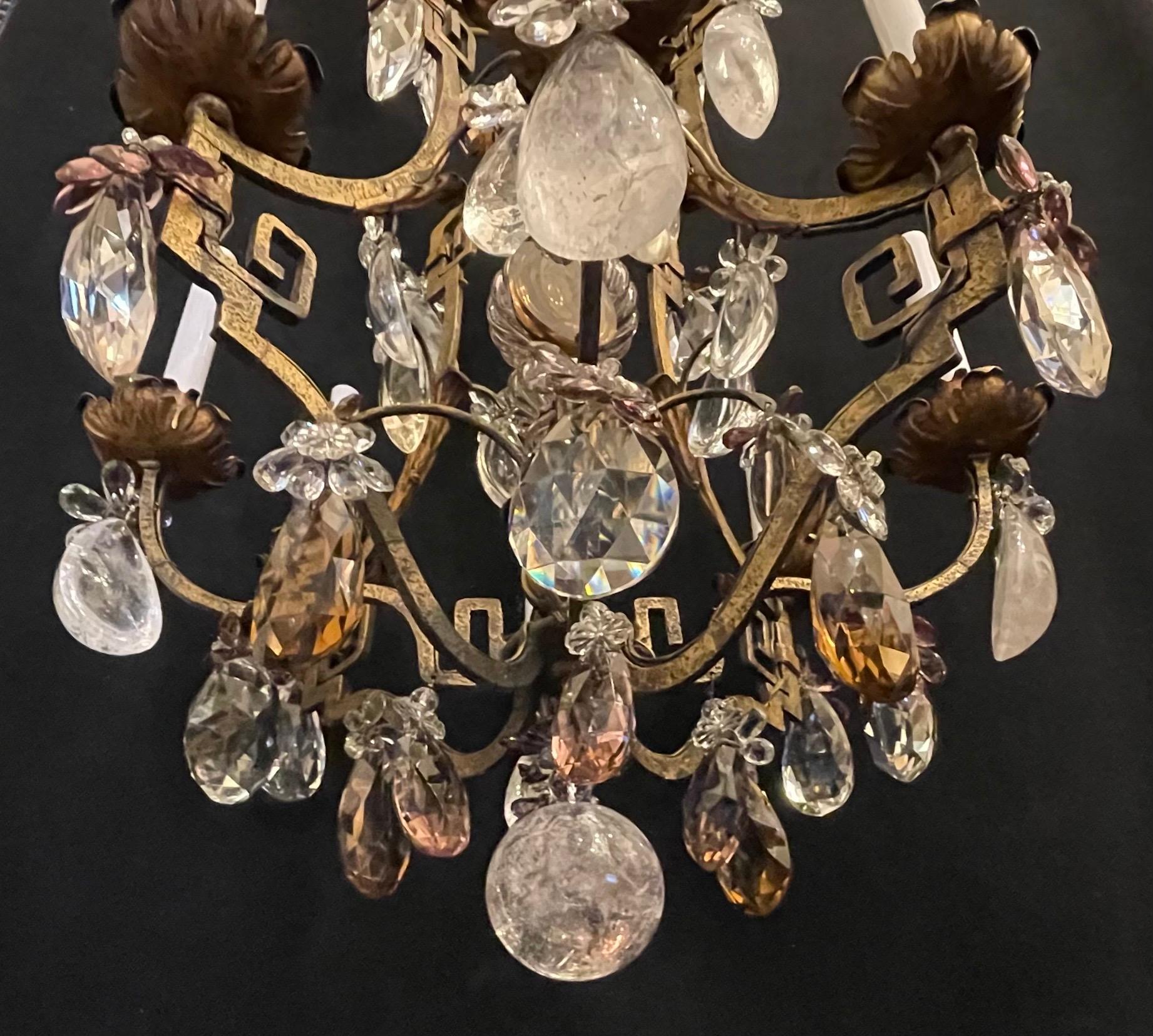 Gilt Wonderful French Bagues Amethyst Rock Crystal Flower Eight Light Chandelier For Sale