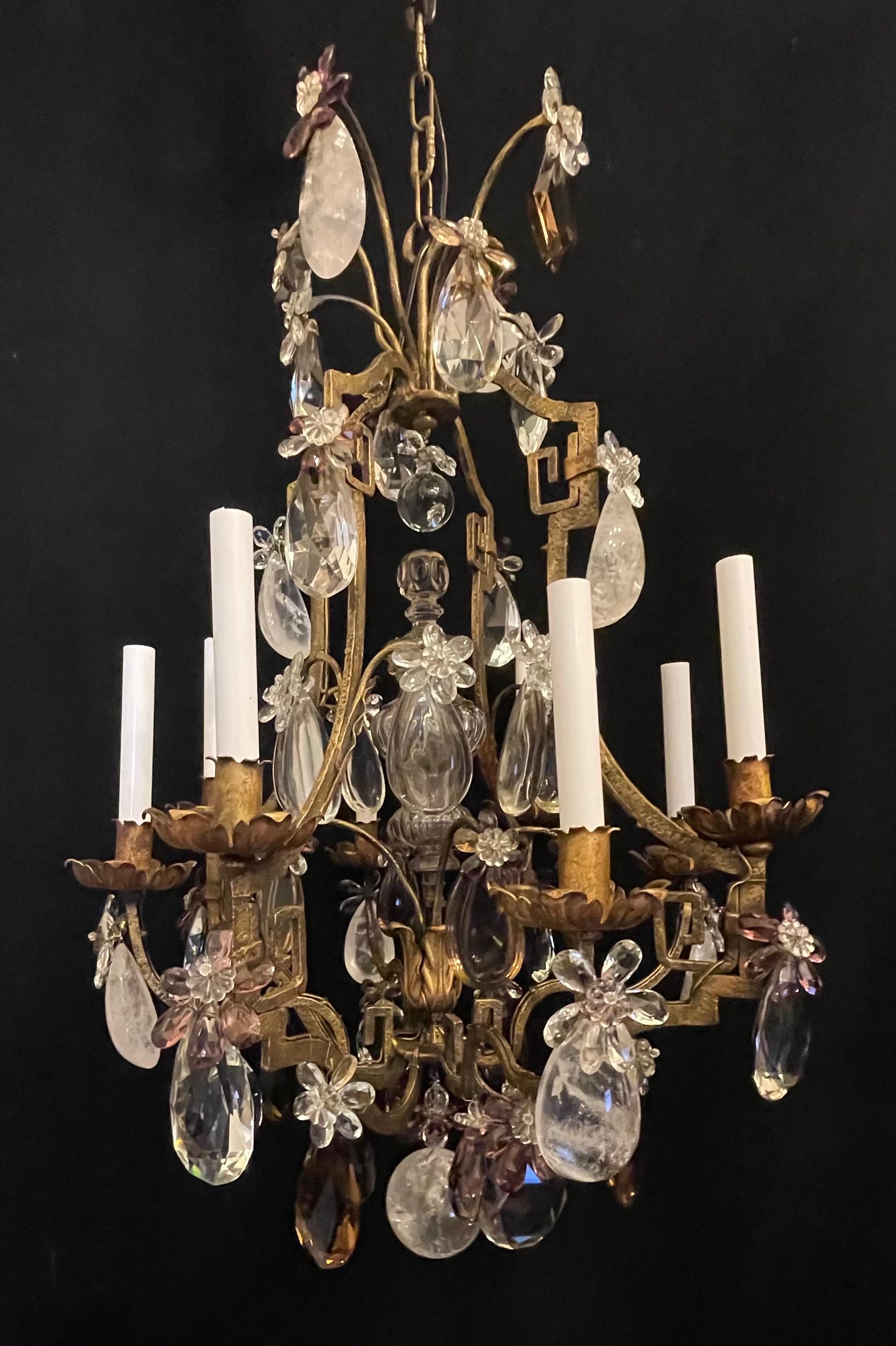 20th Century Wonderful French Bagues Amethyst Rock Crystal Flower Eight Light Chandelier For Sale