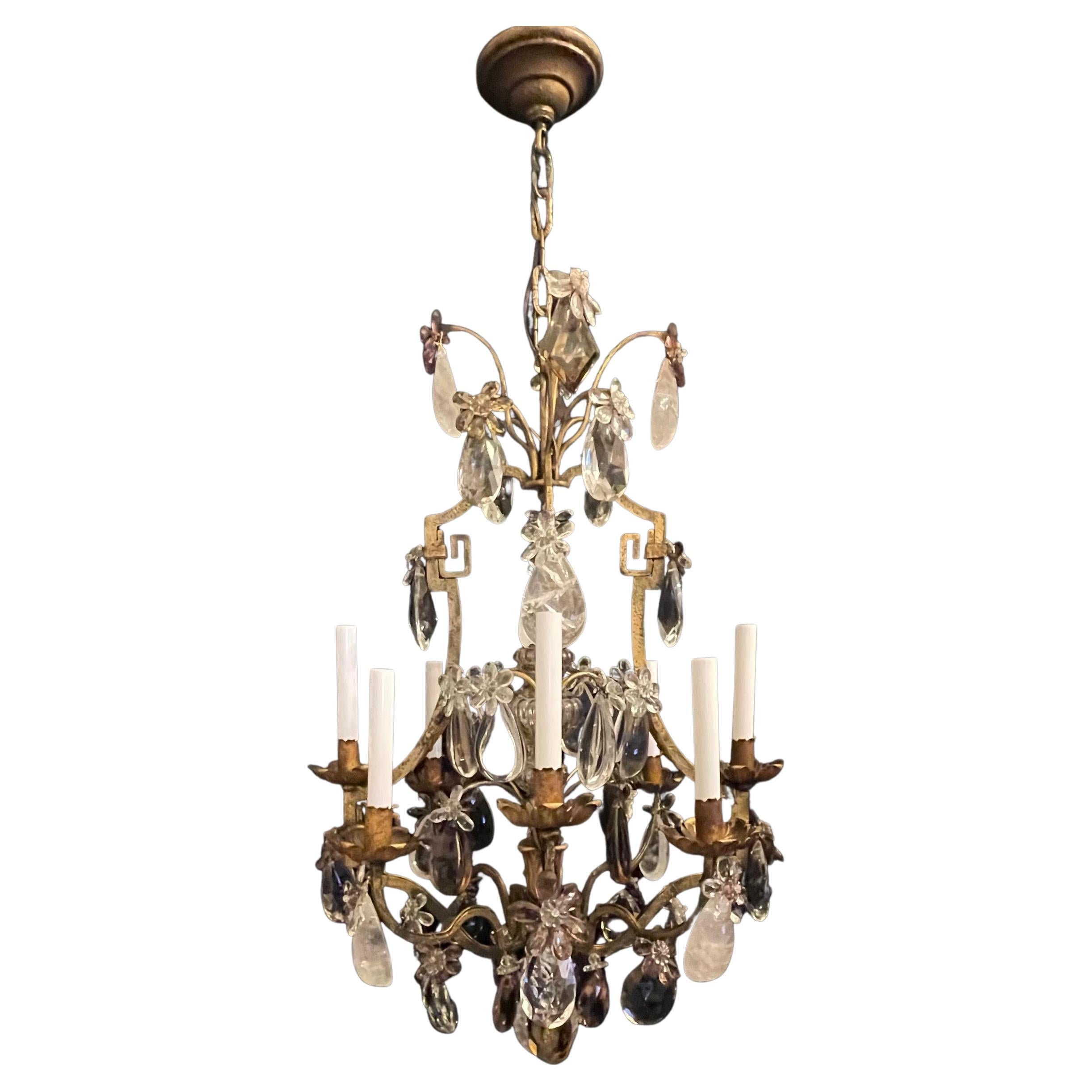 Wonderful French Bagues Amethyst Rock Crystal Flower Eight Light Chandelier For Sale