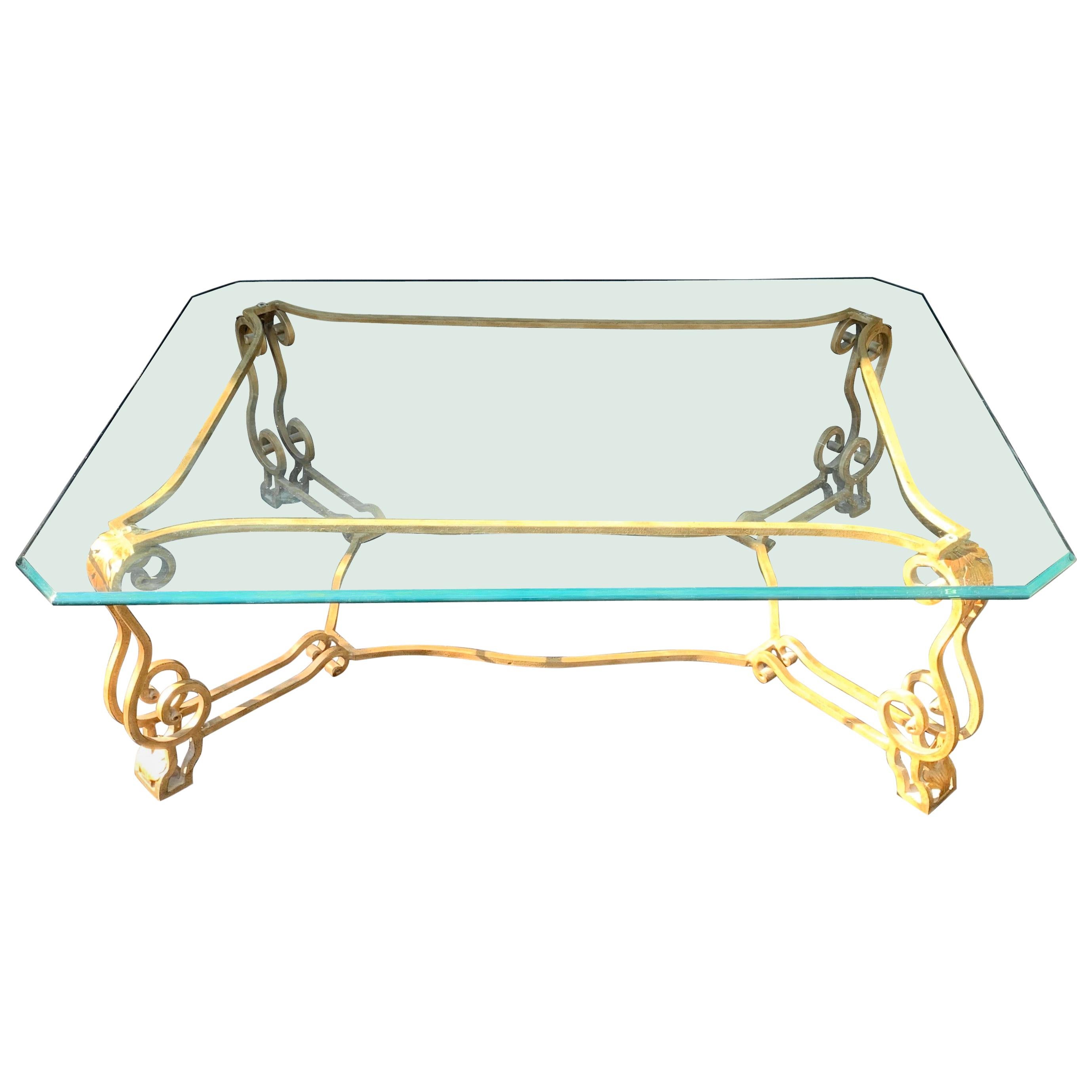 Wonderful French Bagues Gilt Iron Scalloped Ogee Glass Coffee Cocktail Table