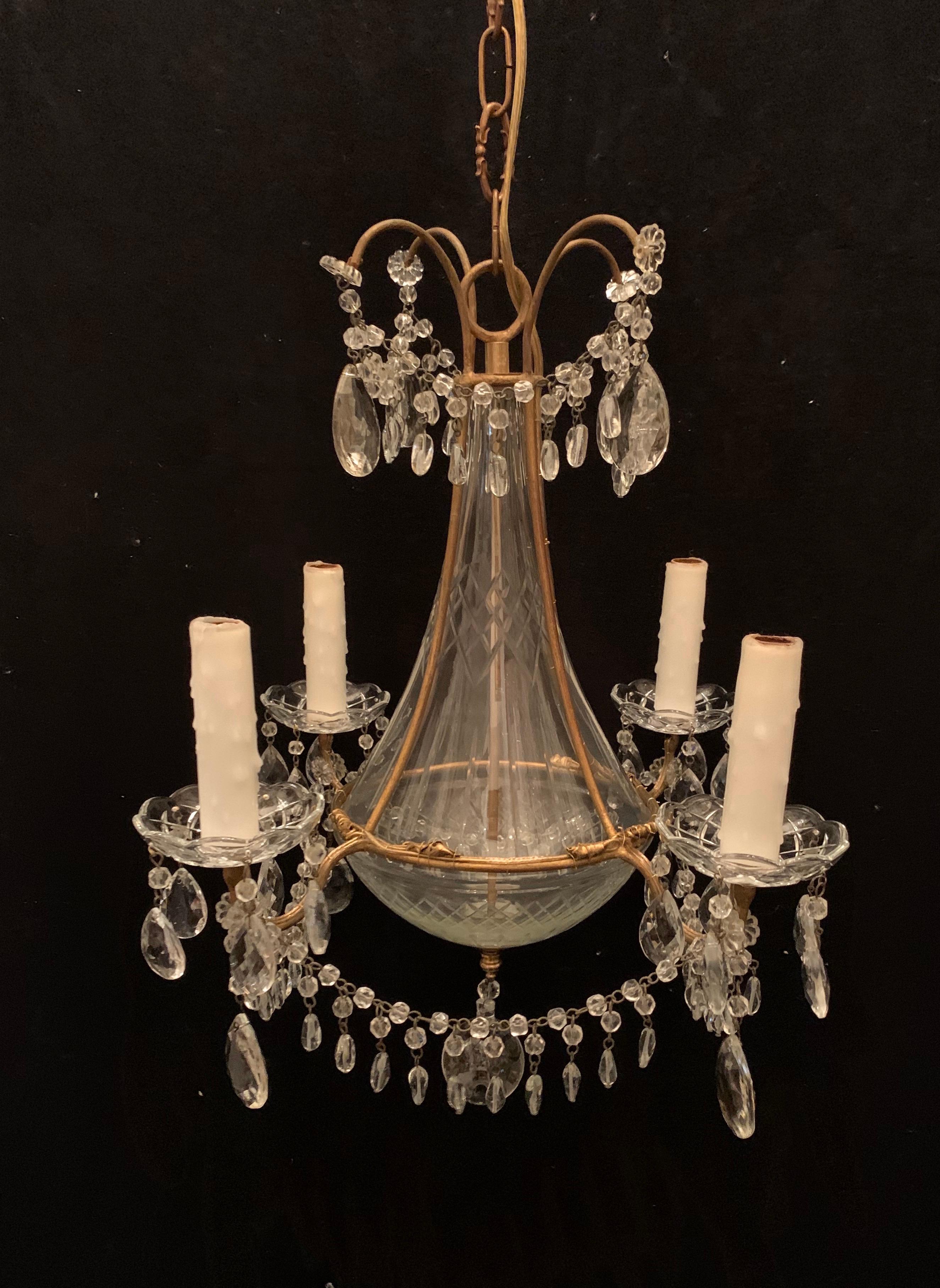 A wonderful French Baguès style petite crystal and glass urn gilt tear drop swag 4 candelabra light chandelier.