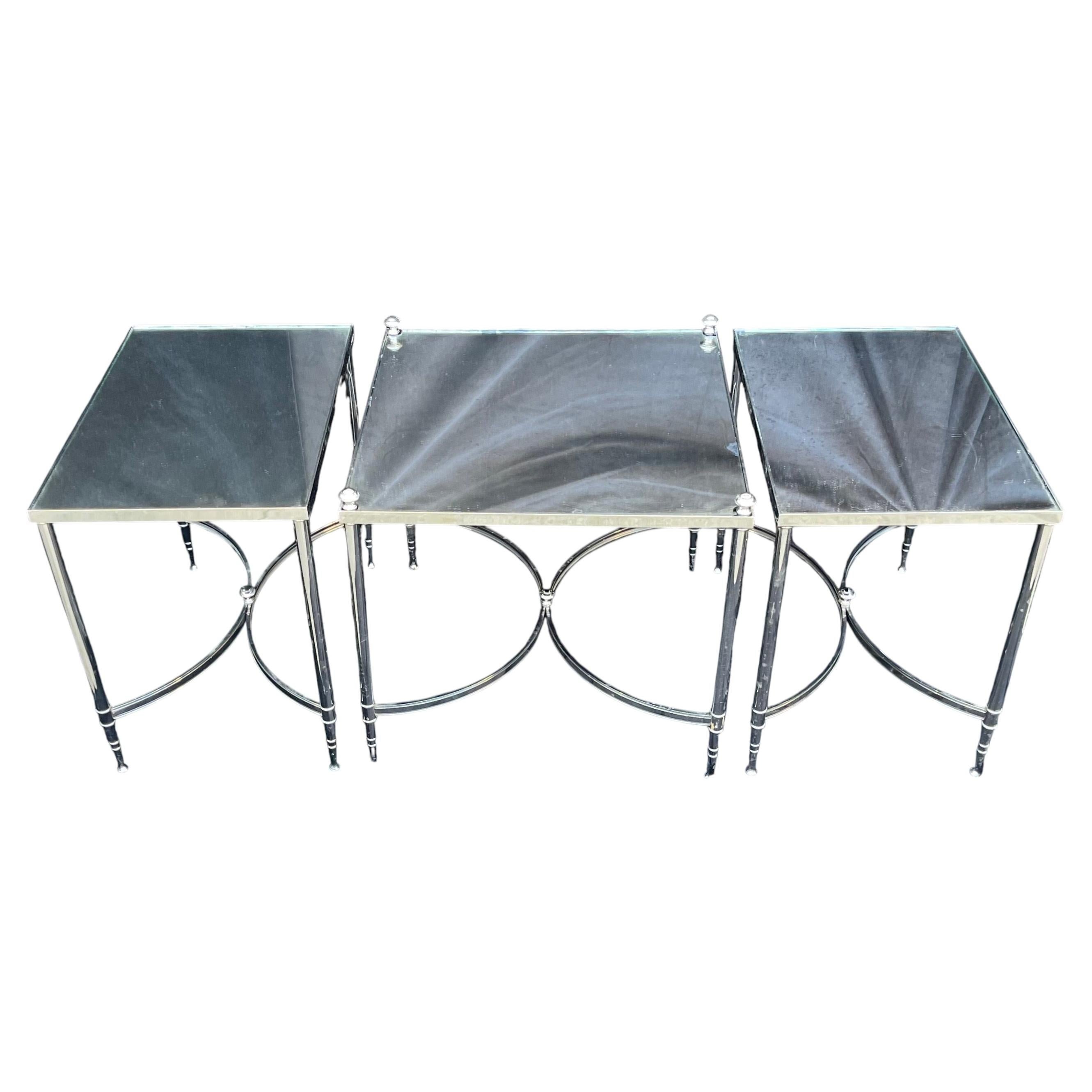 Wonderful French Bagues Polished Nickel Mirror Three Part Cocktail Coffee Table