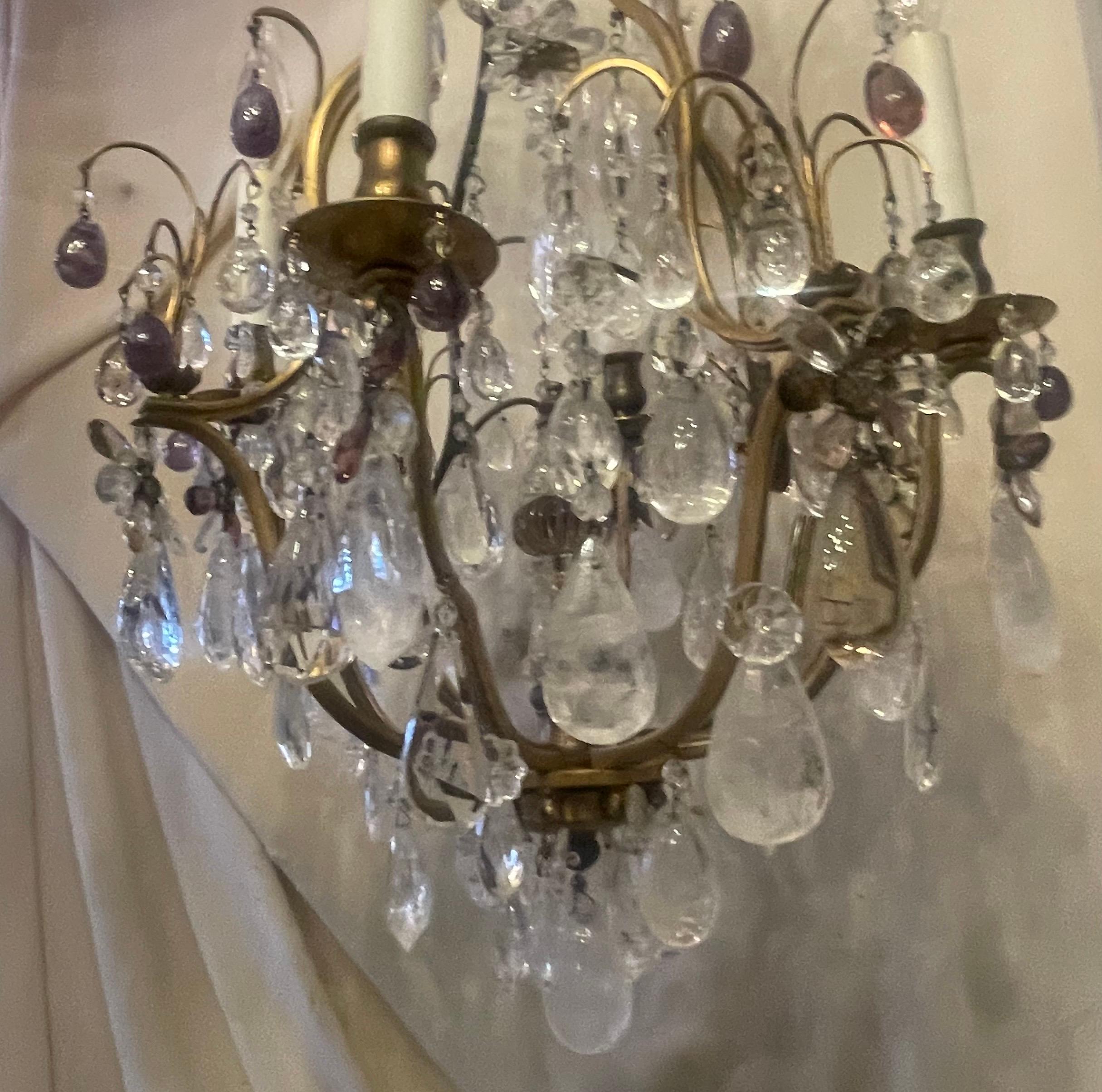Wunderbare Französisch Bagues Rock & Amethyst Crystal Bronze Petite Kronleuchter (Bergkristall) im Angebot