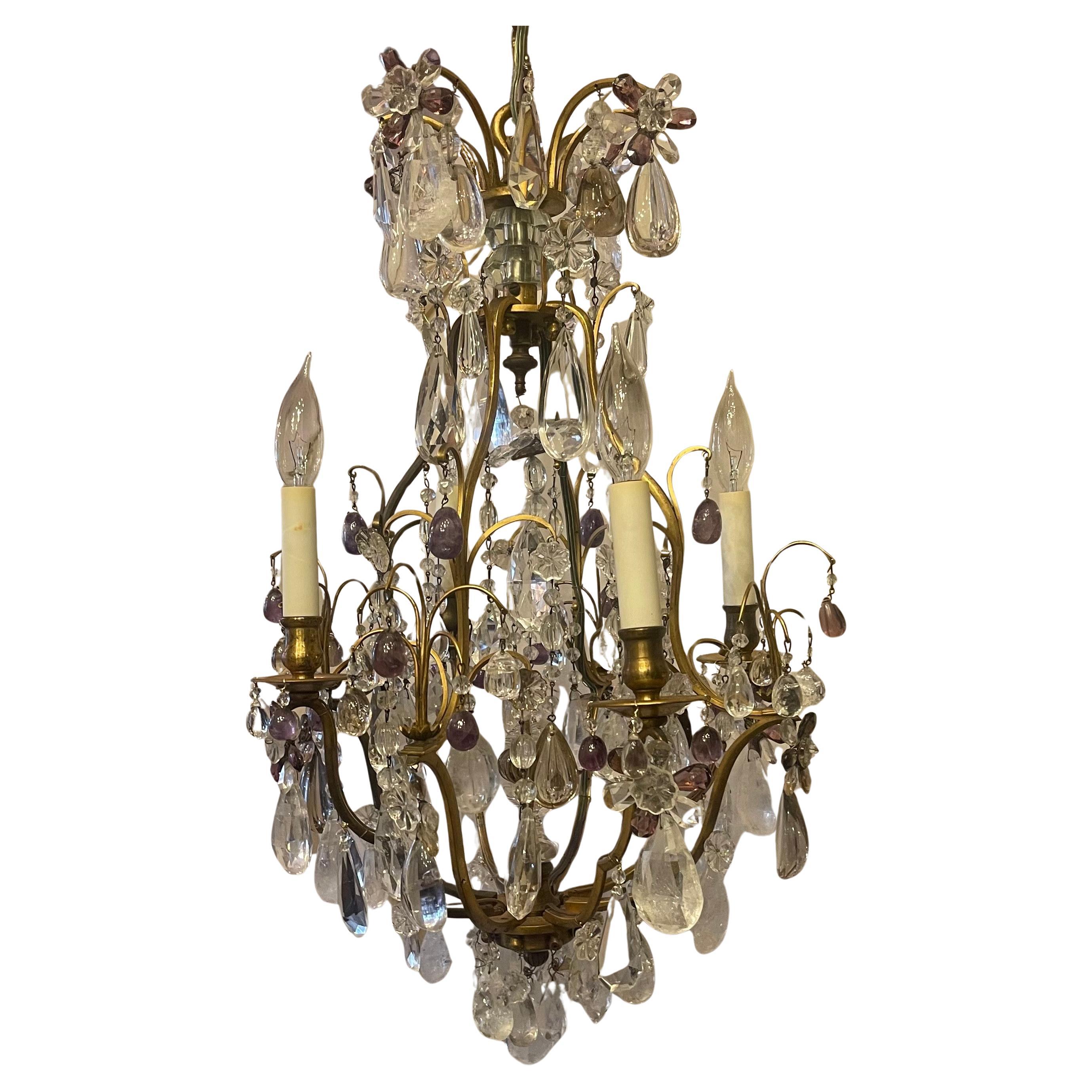 Wonderful French Bagues Rock & Amethyst Crystal Bronze Petite Chandelier