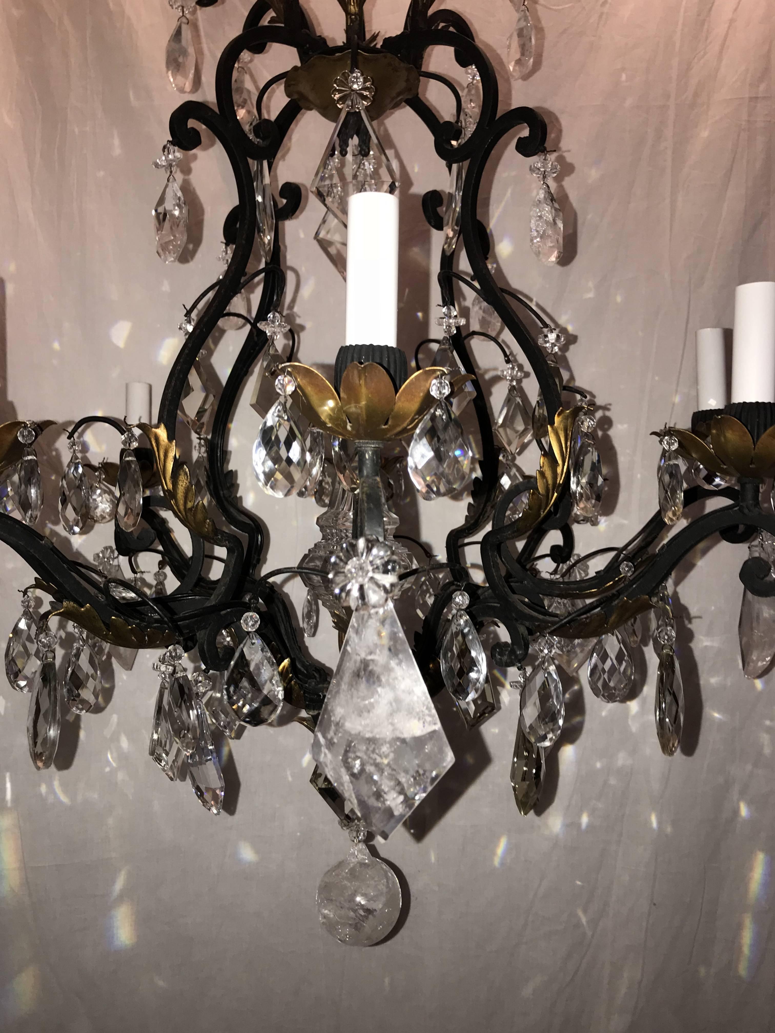 Mid-20th Century Wonderful French Baguès Rock Crystal Gilt Iron Eight-Light Chandelier Fixture For Sale