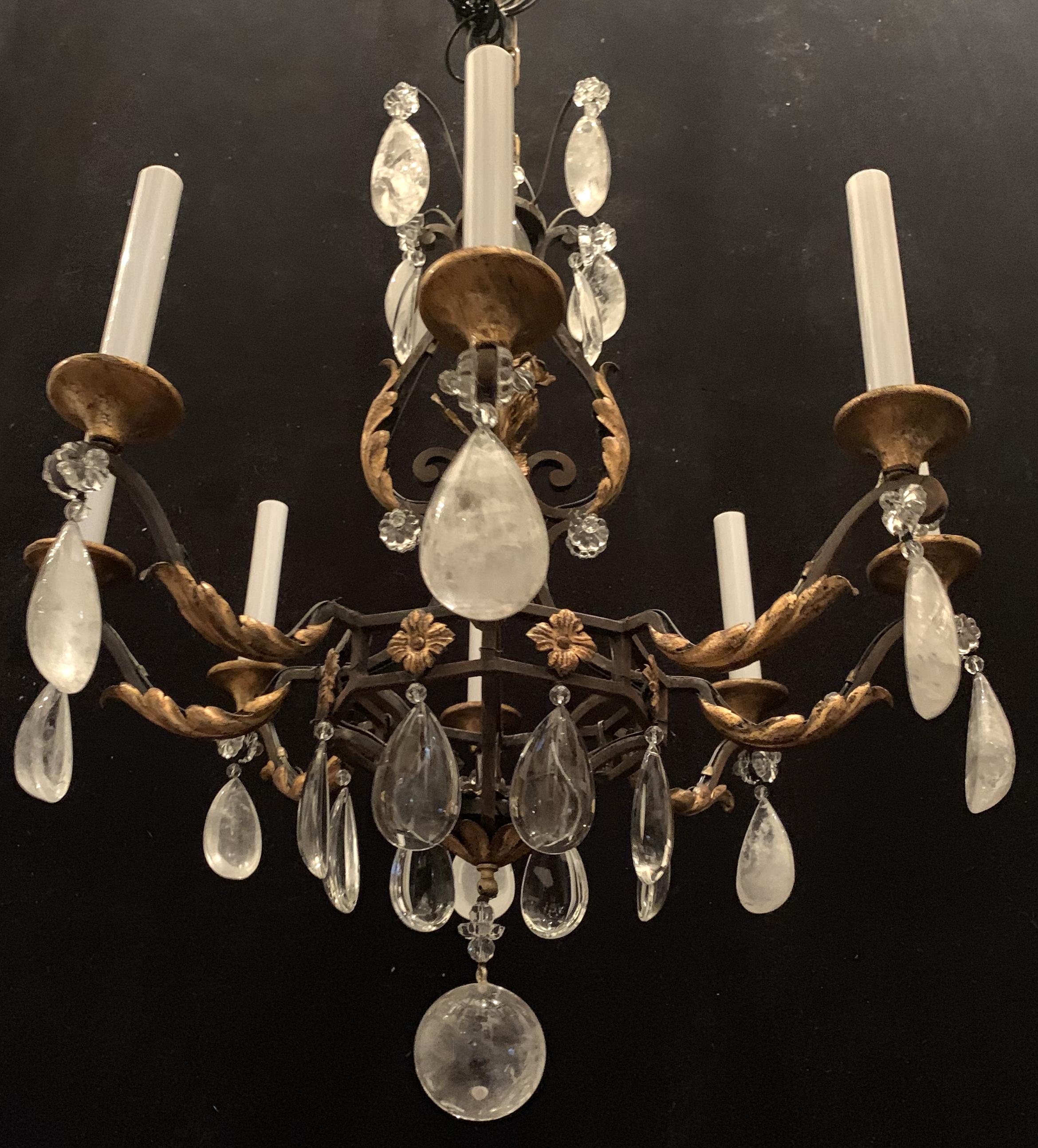 Wonderful French Bagues Rock Crystal Gilt Iron Flower Leaf Bouquet Chandelier In Good Condition In Roslyn, NY