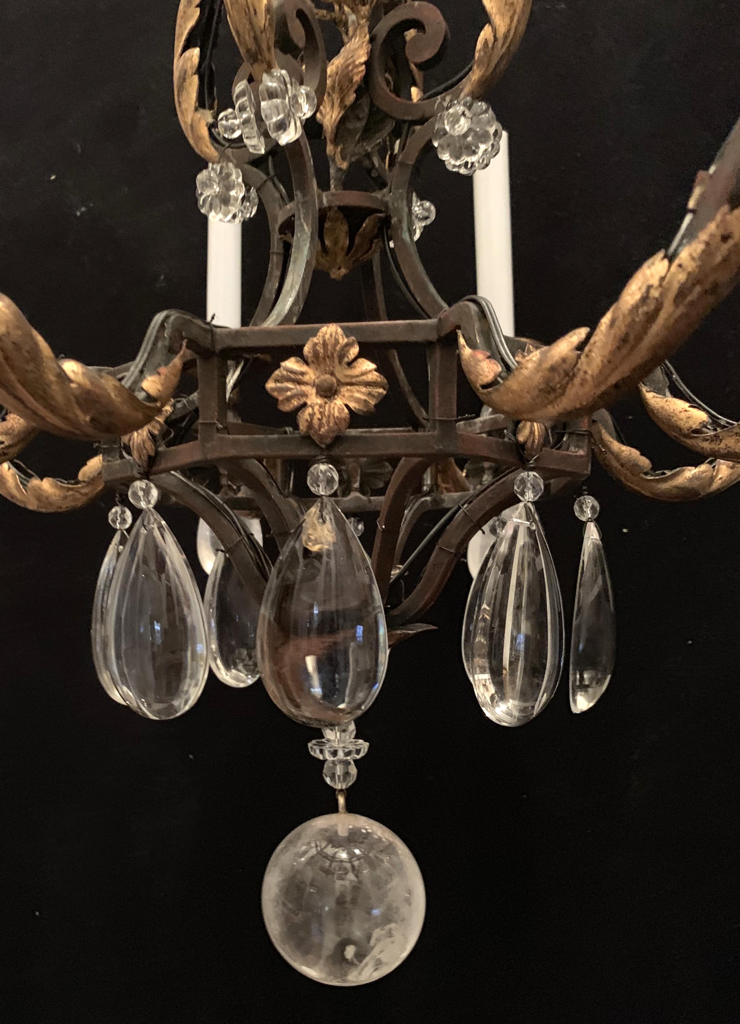Wrought Iron Wonderful French Bagues Rock Crystal Gilt Iron Flower Leaf Bouquet Chandelier