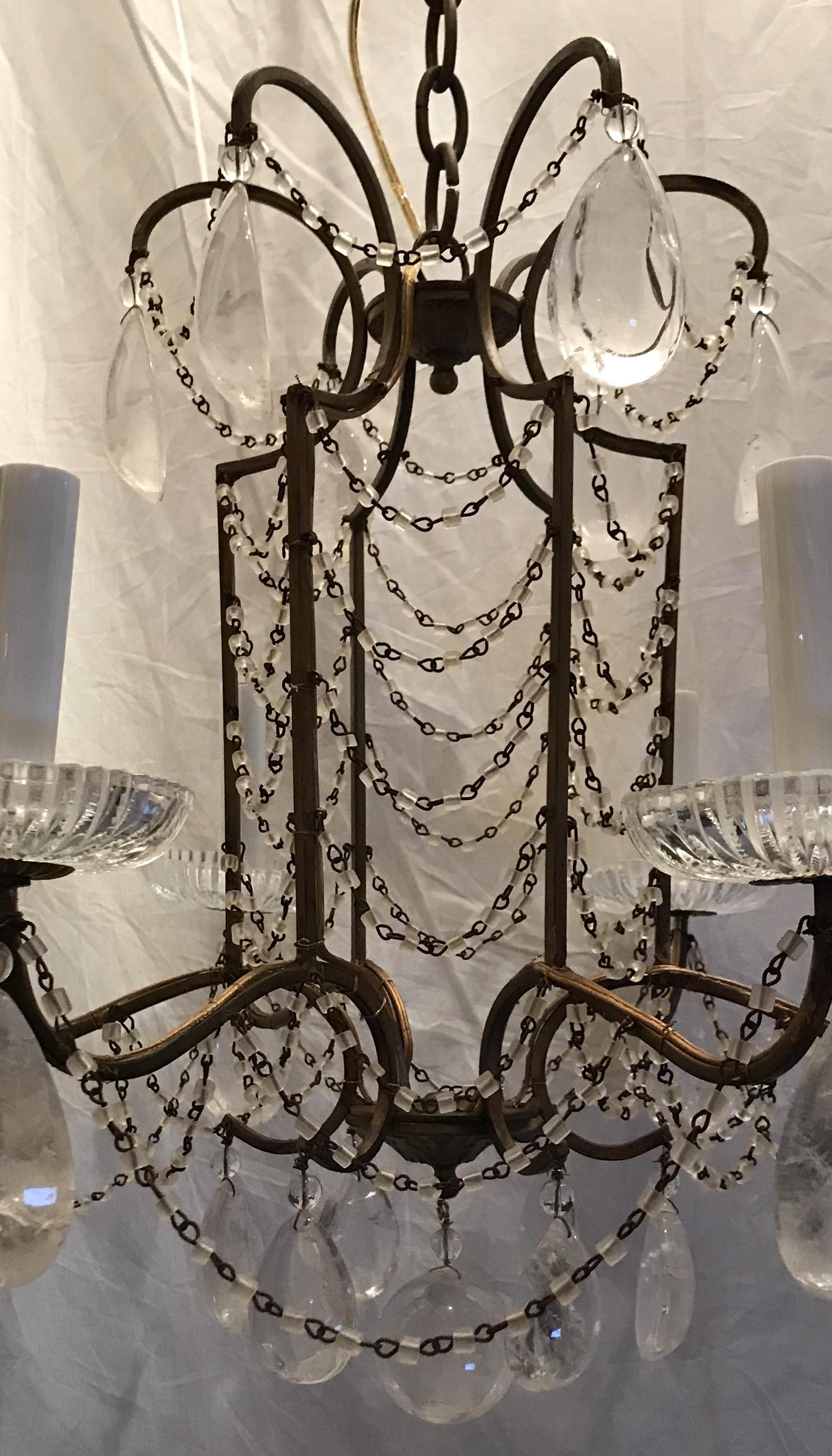 Belle Époque Magnifique lustre français en forme de cage à oiseaux Maison Baguès en cristal de roche perlé en vente