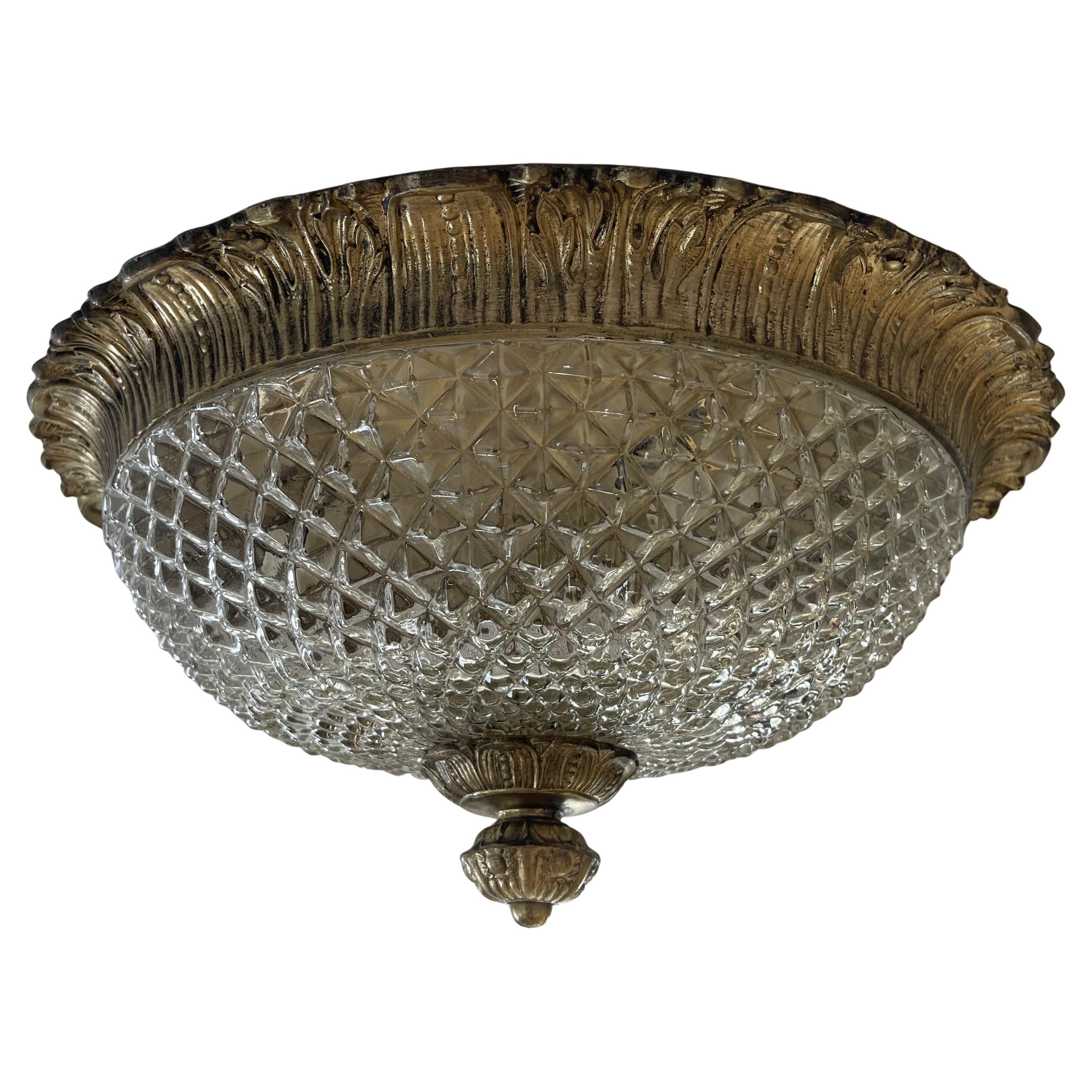 Wonderful French Brass Pressed Diamond Glass Flush Mount Ceiling Light Fixture