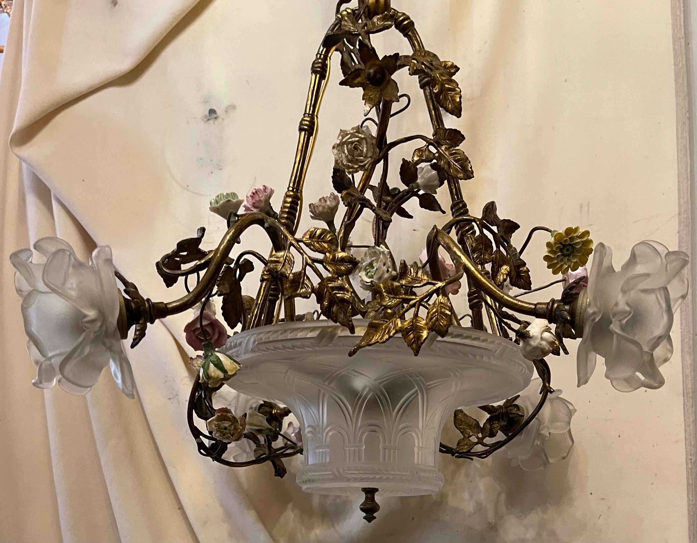 Belle Époque Wonderful French Bronze Art Glass Porcelain Flower Basket Bouquet Chandelier For Sale