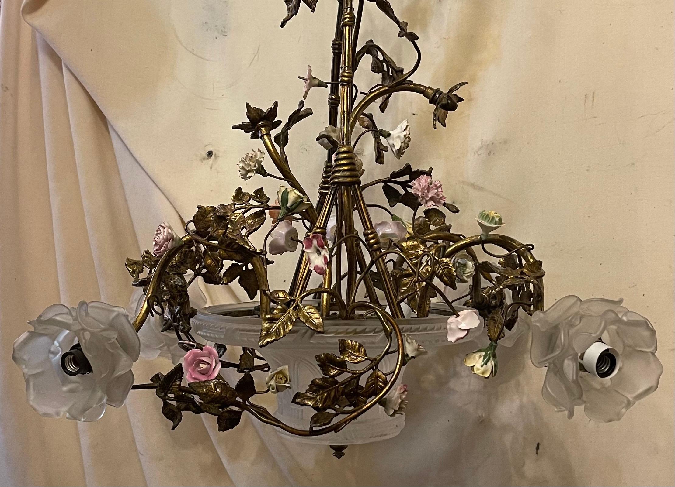 20th Century Wonderful French Bronze Art Glass Porcelain Flower Basket Bouquet Chandelier For Sale