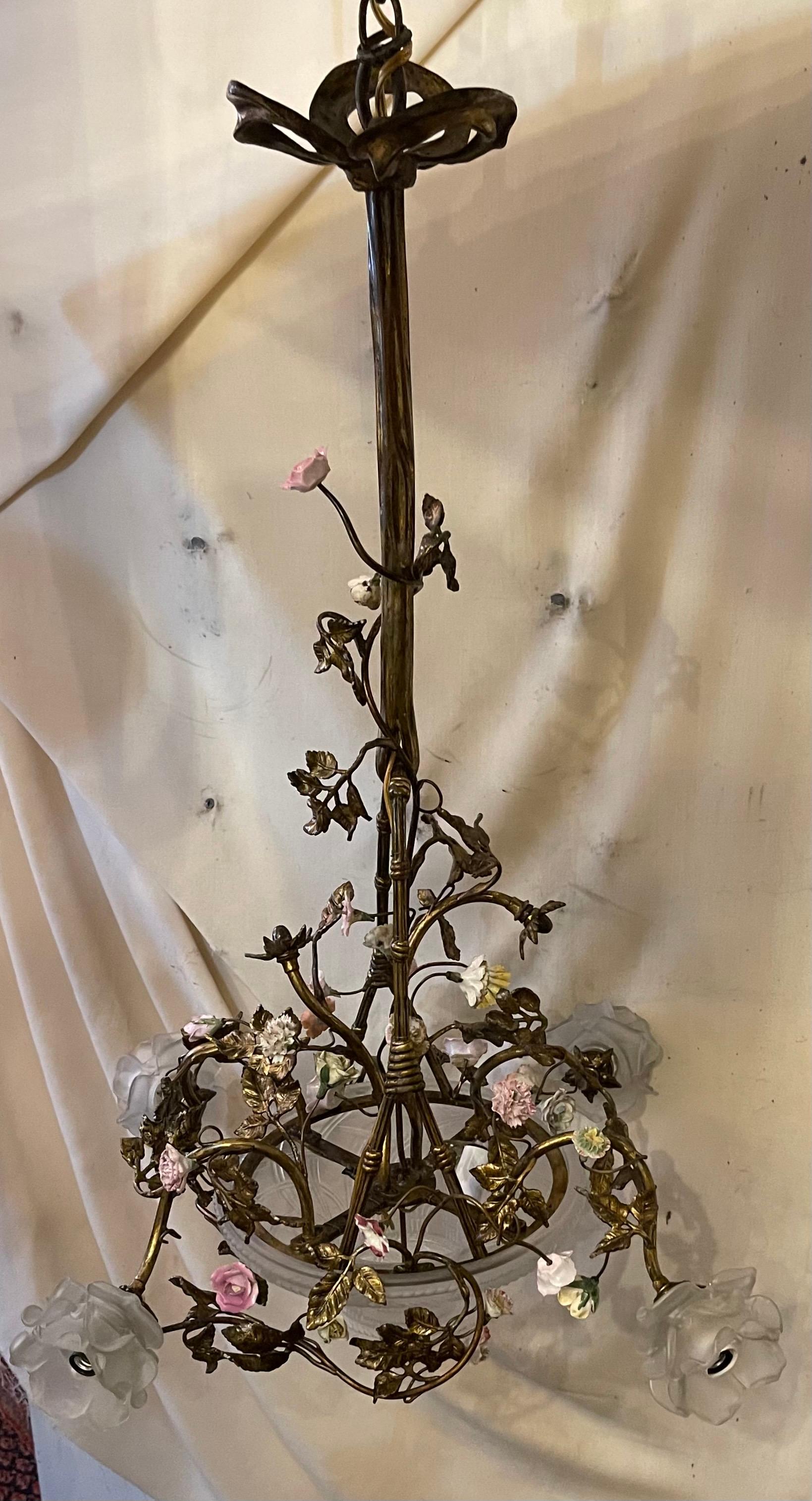 Wonderful French Bronze Art Glass Porcelain Flower Basket Bouquet Chandelier For Sale 1