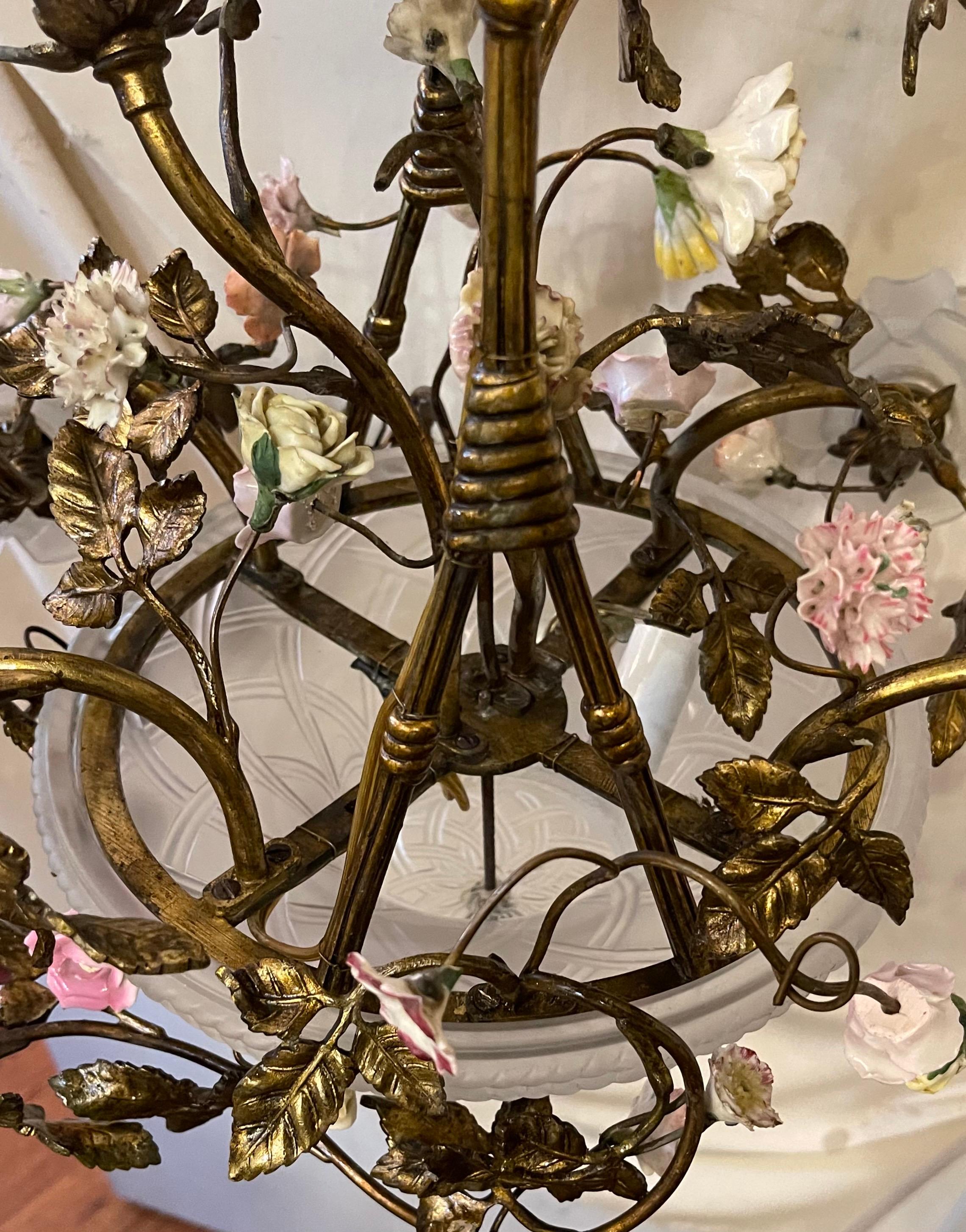 Wonderful French Bronze Art Glass Porcelain Flower Basket Bouquet Chandelier For Sale 2