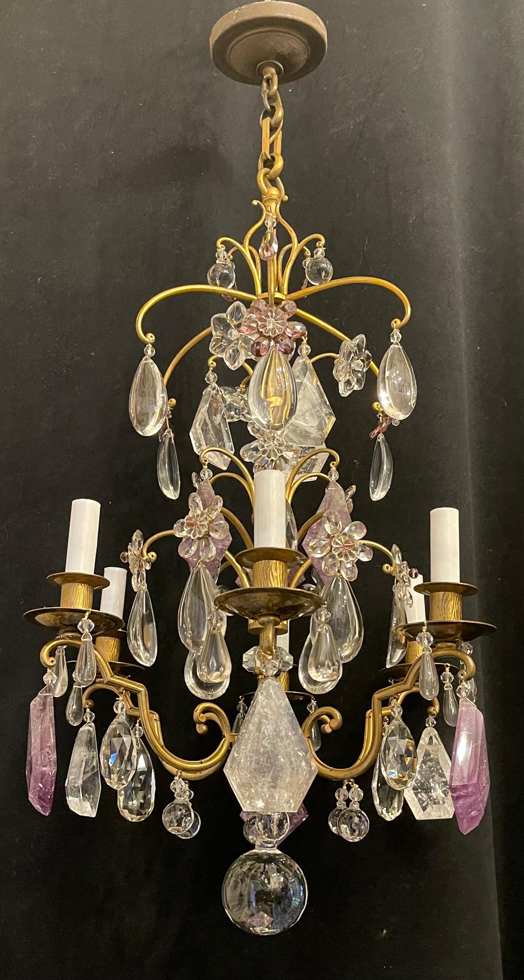 A wonderful French bronze Bagues style amethyst & frosted rock crystal dressed with crystal flowers 6 candelabra light chandelier, rewired and accompanied by chain canopy and mounting hardware.