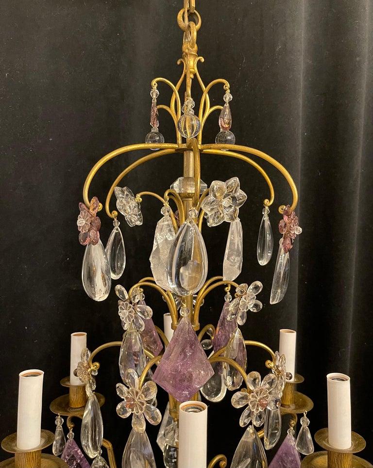 A wonderful French bronze Bagues style amethyst & frosted rock crystal dressed with crystal flowers 6 candelabra light chandelier, rewired and accompanied by chain canopy and mounting hardware.