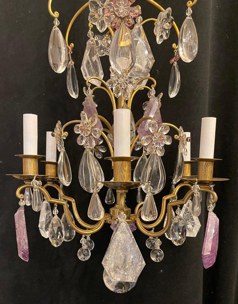 Belle Époque Wonderful French Bronze Bagues Amethyst Rock Crystal Flower 6 Light Chandelier