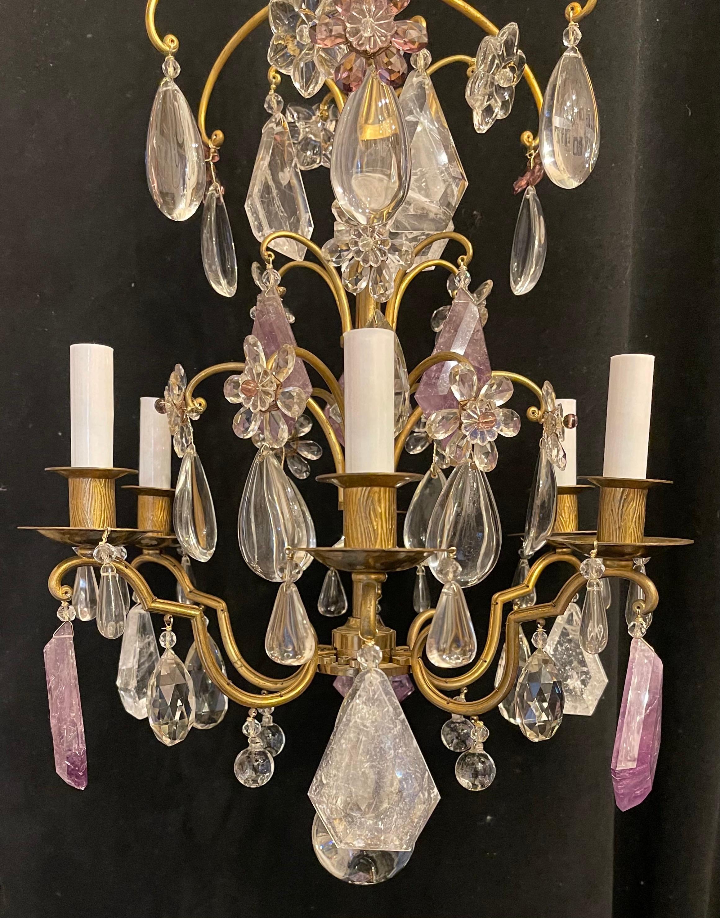 Wonderful French Bronze Bagues Amethyst Rock Crystal Flower 6 Light Chandelier In Good Condition In Roslyn, NY