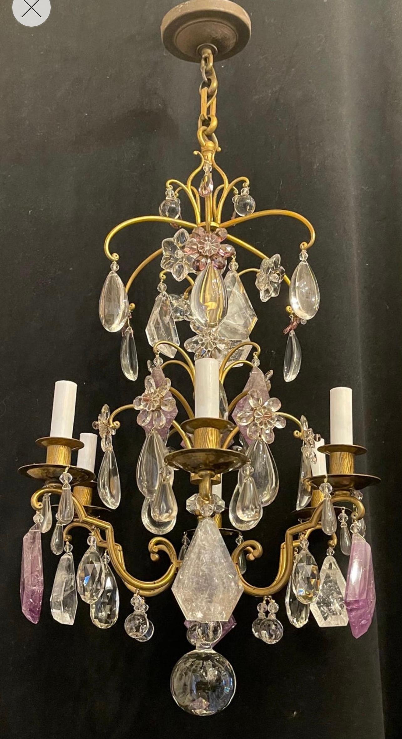 Wonderful French Bronze Bagues Amethyst Rock Crystal Flower 6 Light Chandelier In Good Condition In Roslyn, NY