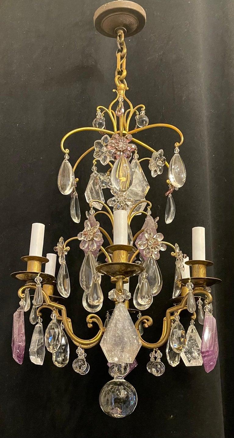 Wonderful French Bronze Bagues Amethyst Rock Crystal Flower 6 Light Chandelier In Good Condition In Roslyn, NY