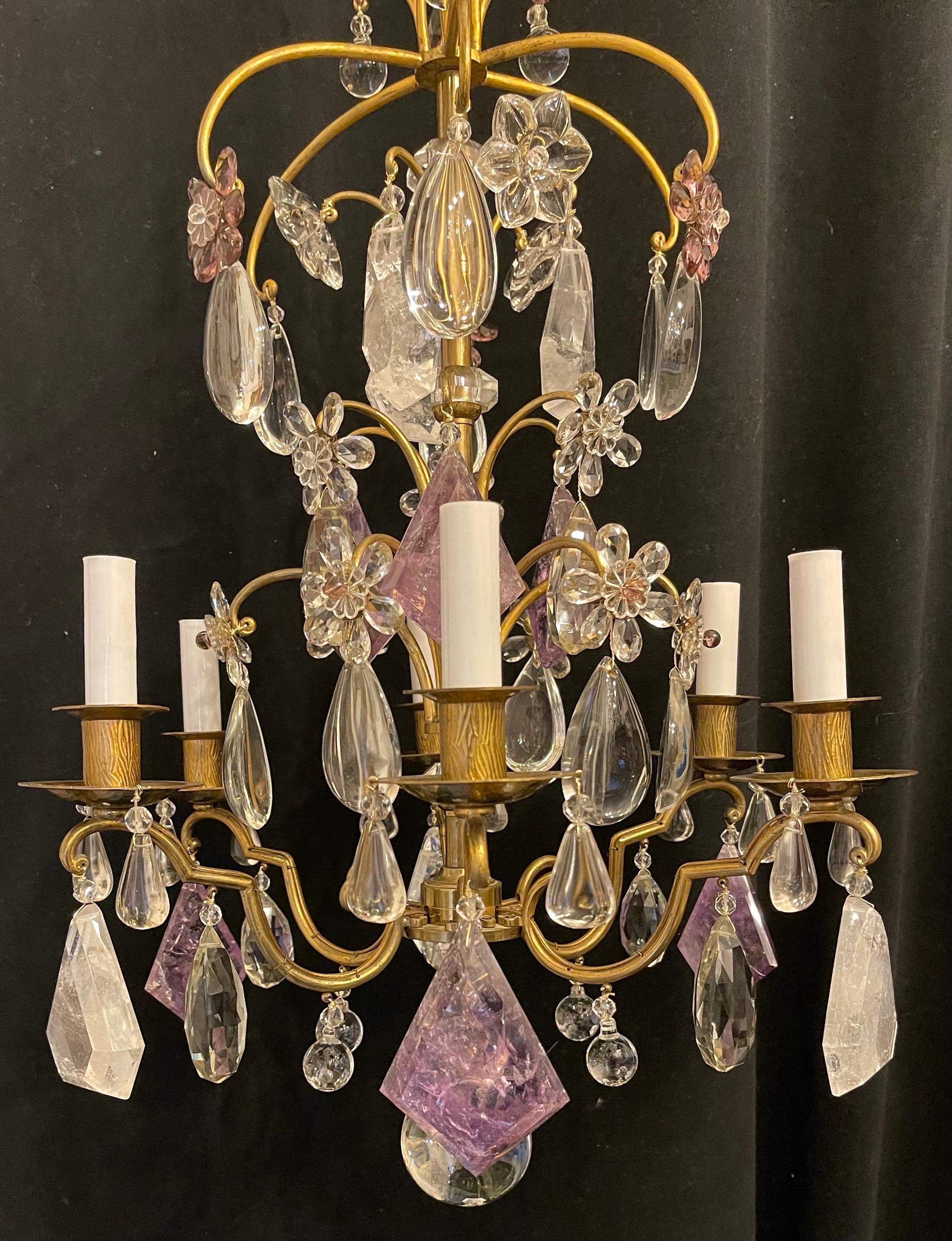 20th Century Wonderful French Bronze Bagues Amethyst Rock Crystal Flower 6 Light Chandelier