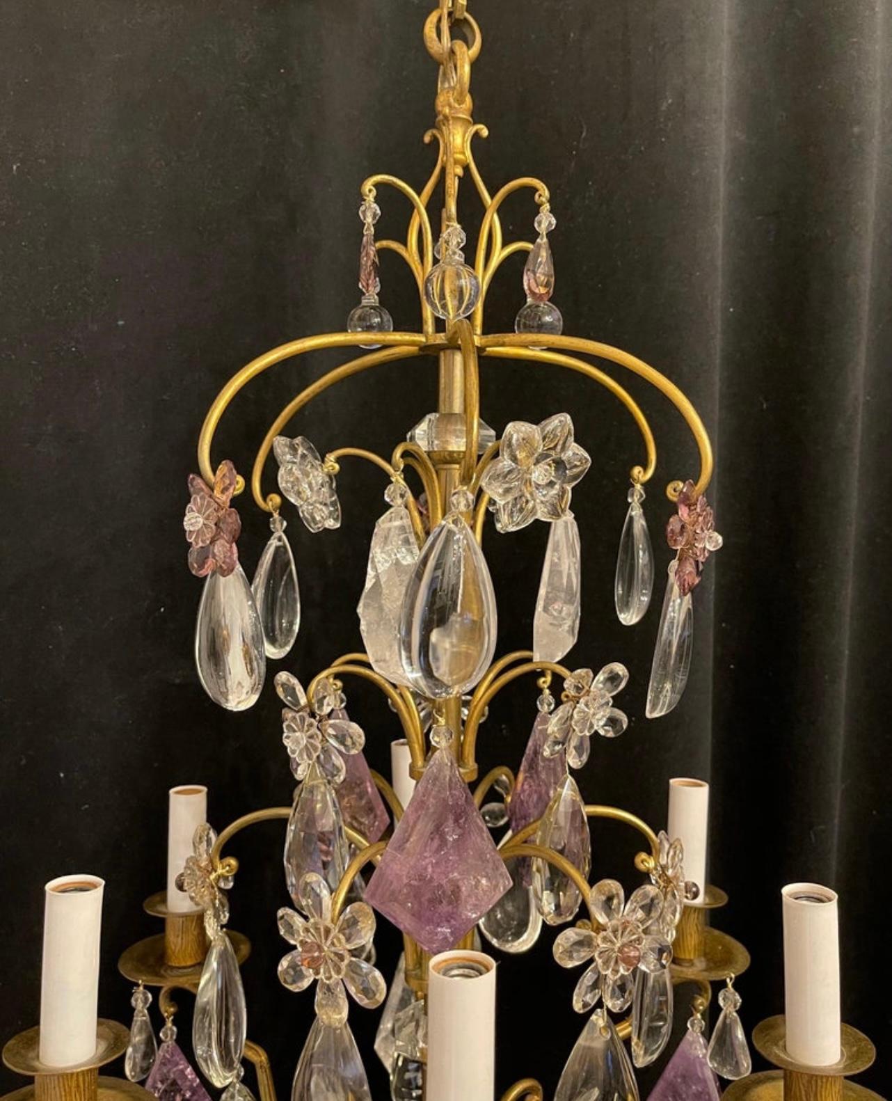 20th Century Wonderful French Bronze Bagues Amethyst Rock Crystal Flower 6 Light Chandelier
