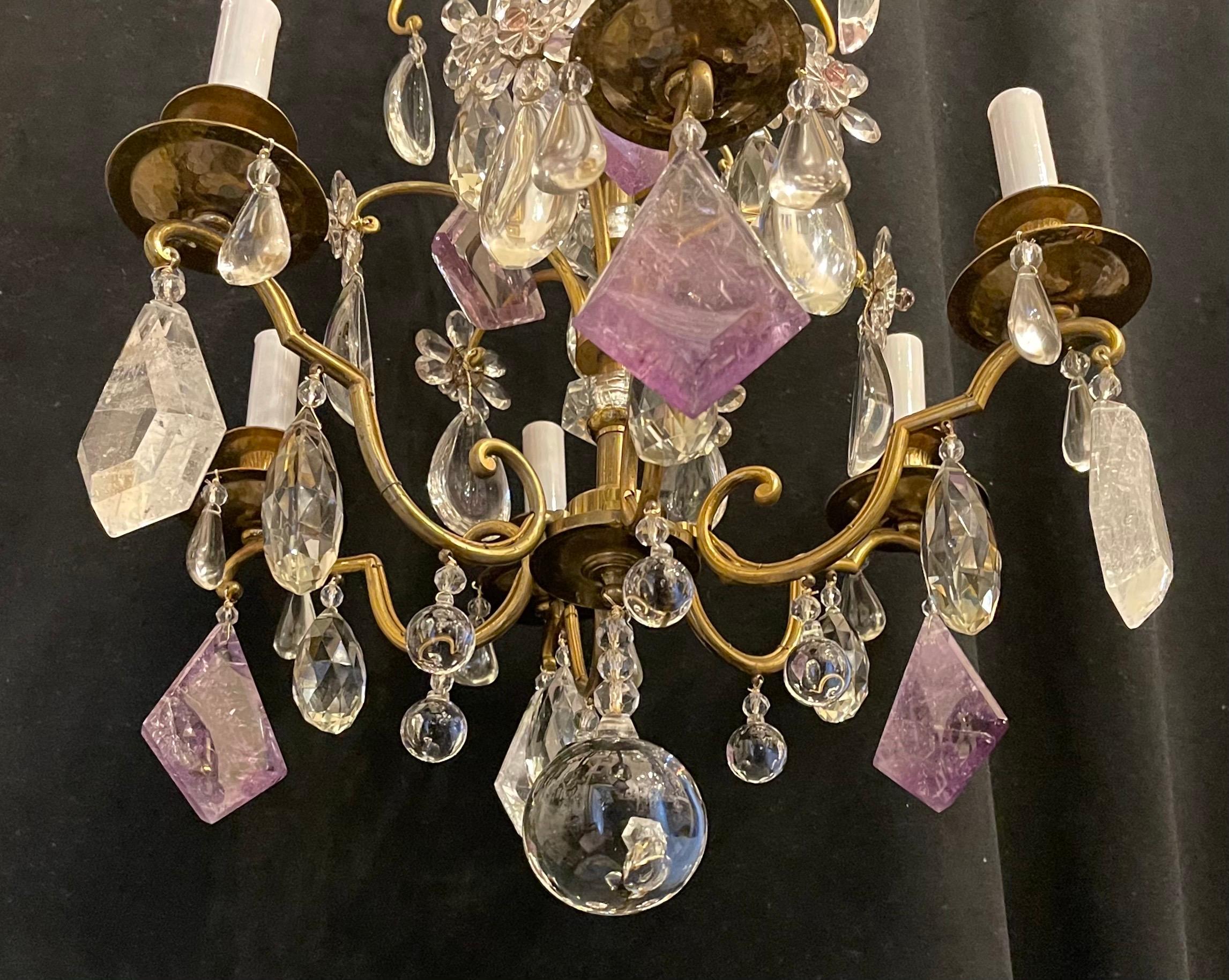 Wonderful French Bronze Bagues Amethyst Rock Crystal Flower 6 Light Chandelier 1