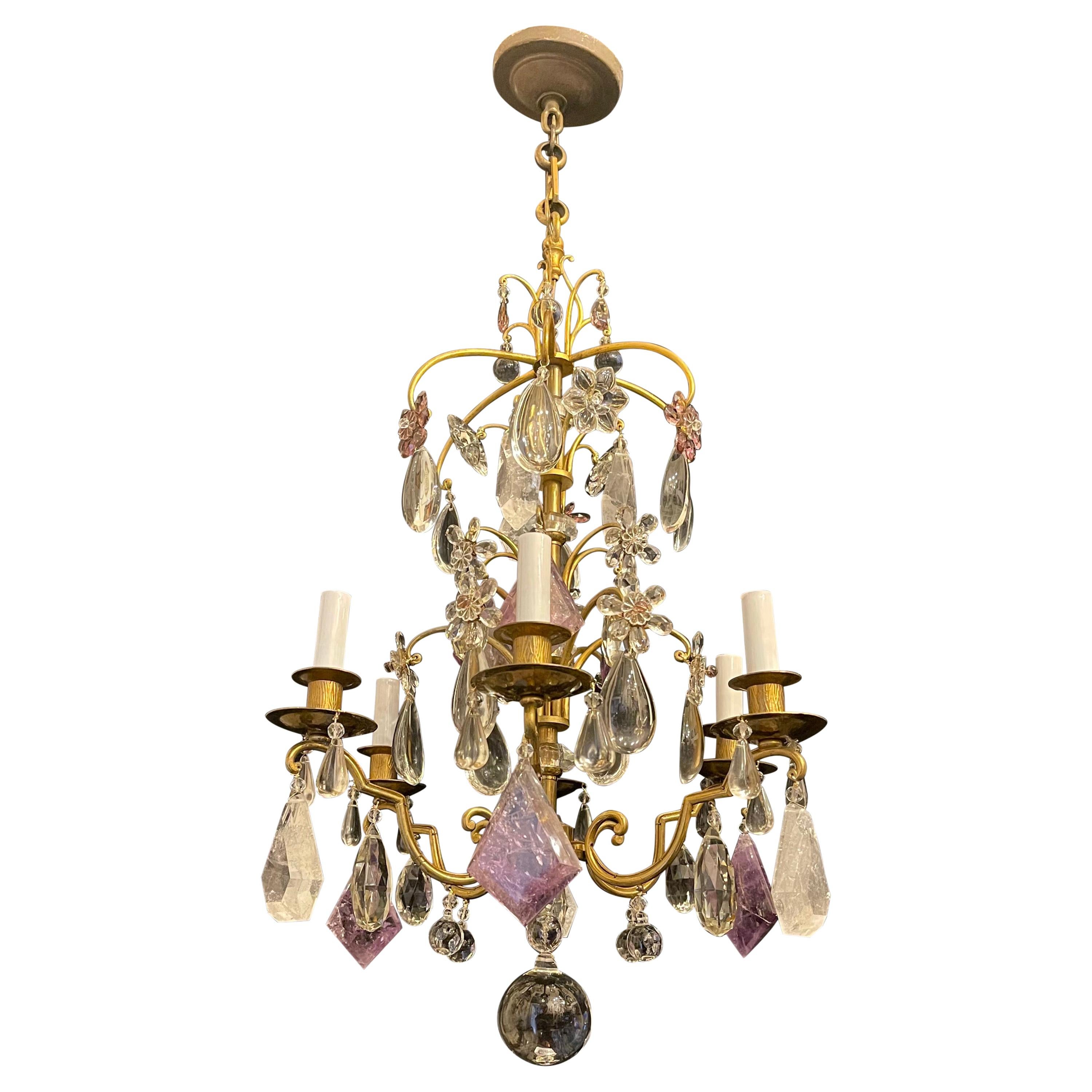 Wonderful French Bronze Bagues Amethyst Rock Crystal Flower 6 Light Chandelier