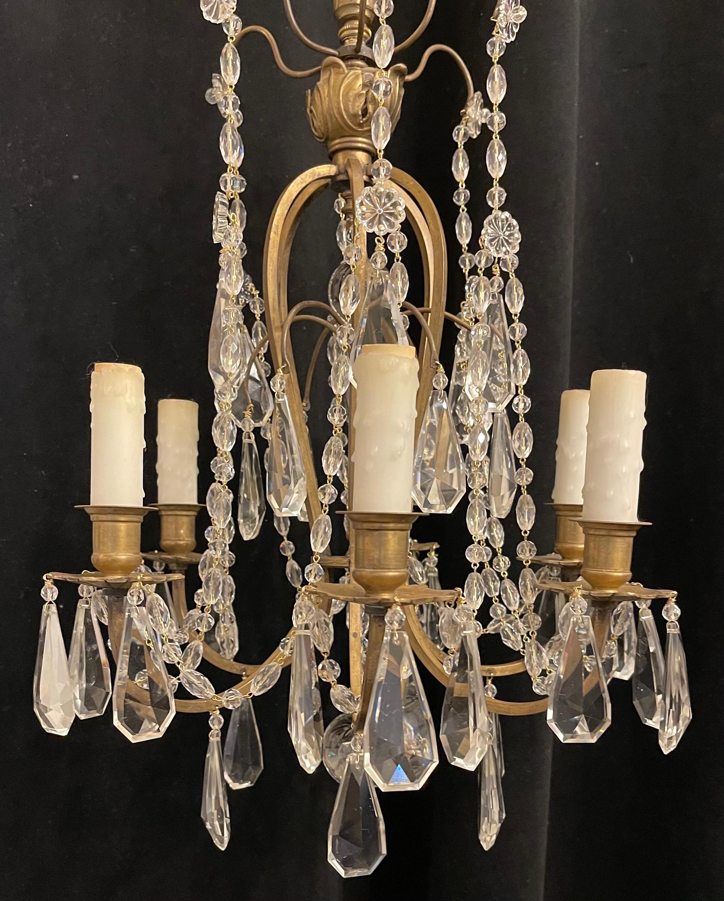 Wonderful French Bronze Baguès Crystal Beaded Swag Flower Petite Chandelier In Good Condition In Roslyn, NY
