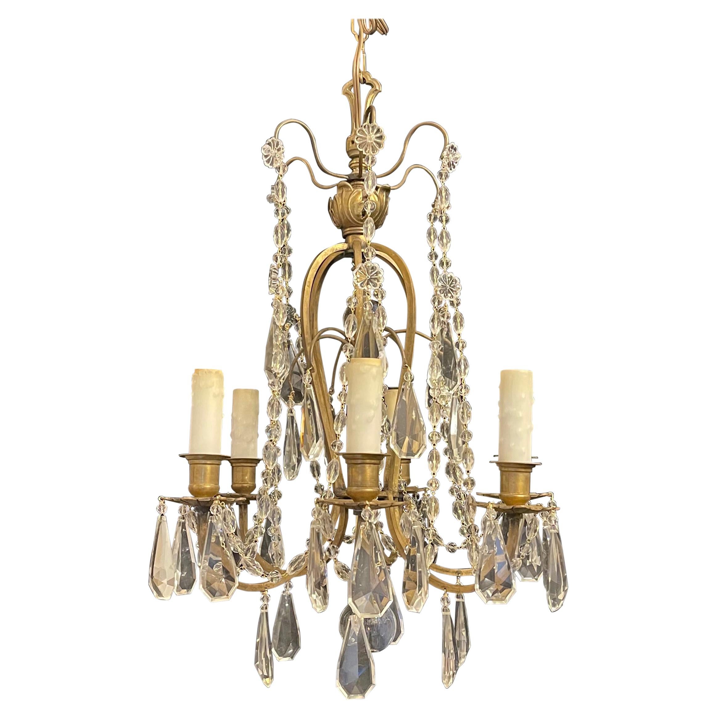 Wonderful French Bronze Baguès Crystal Beaded Swag Flower Petite Chandelier