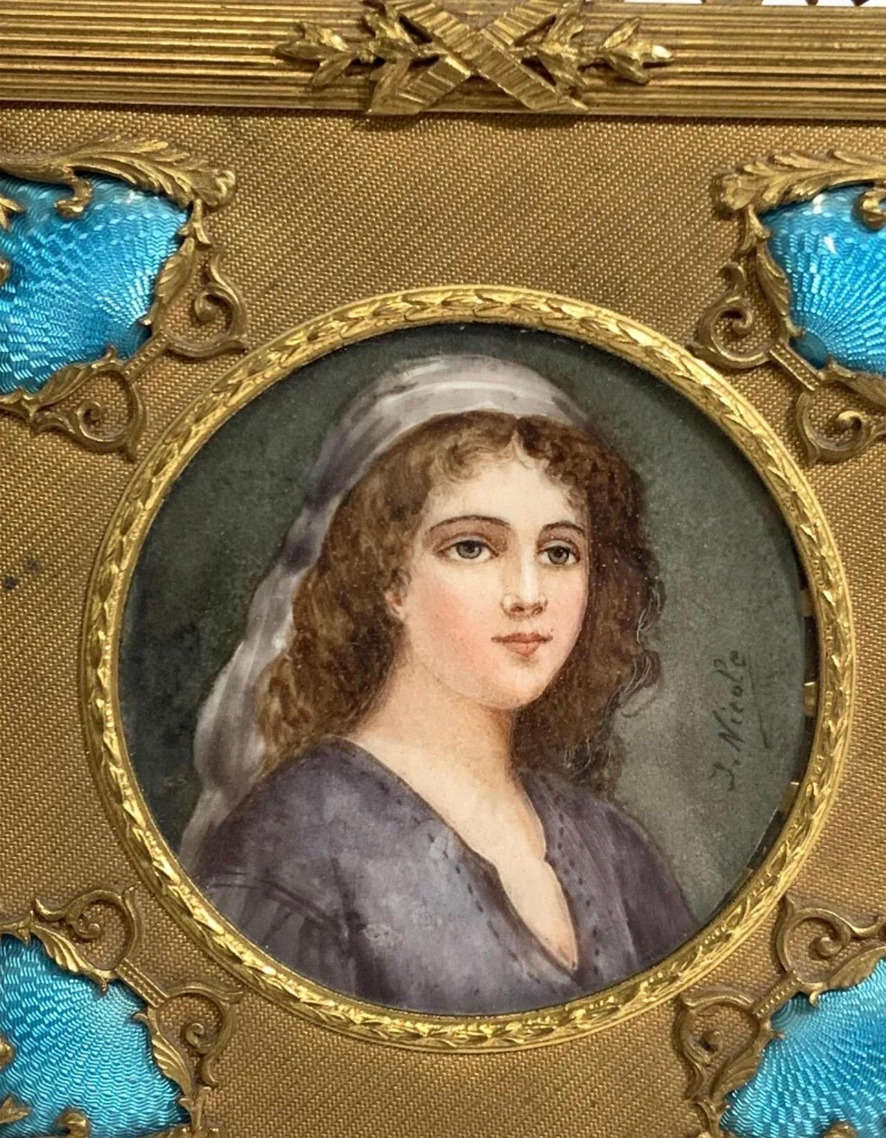Gilt Wonderful French Bronze Enamel Blue Guilloche Miniature Painting Picture Frame  For Sale