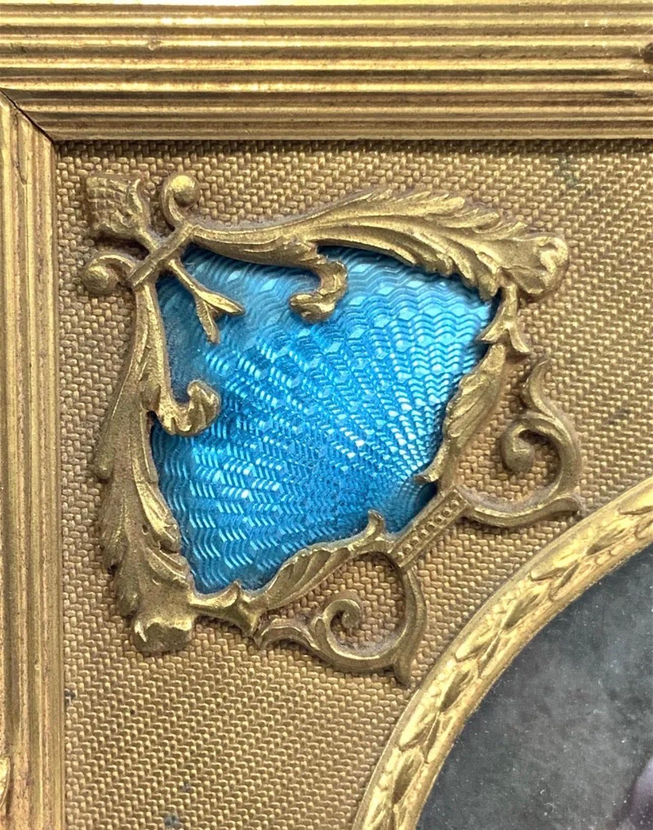 Wonderful French Bronze Enamel Blue Guilloche Miniature Painting Picture Frame  In Good Condition For Sale In Roslyn, NY