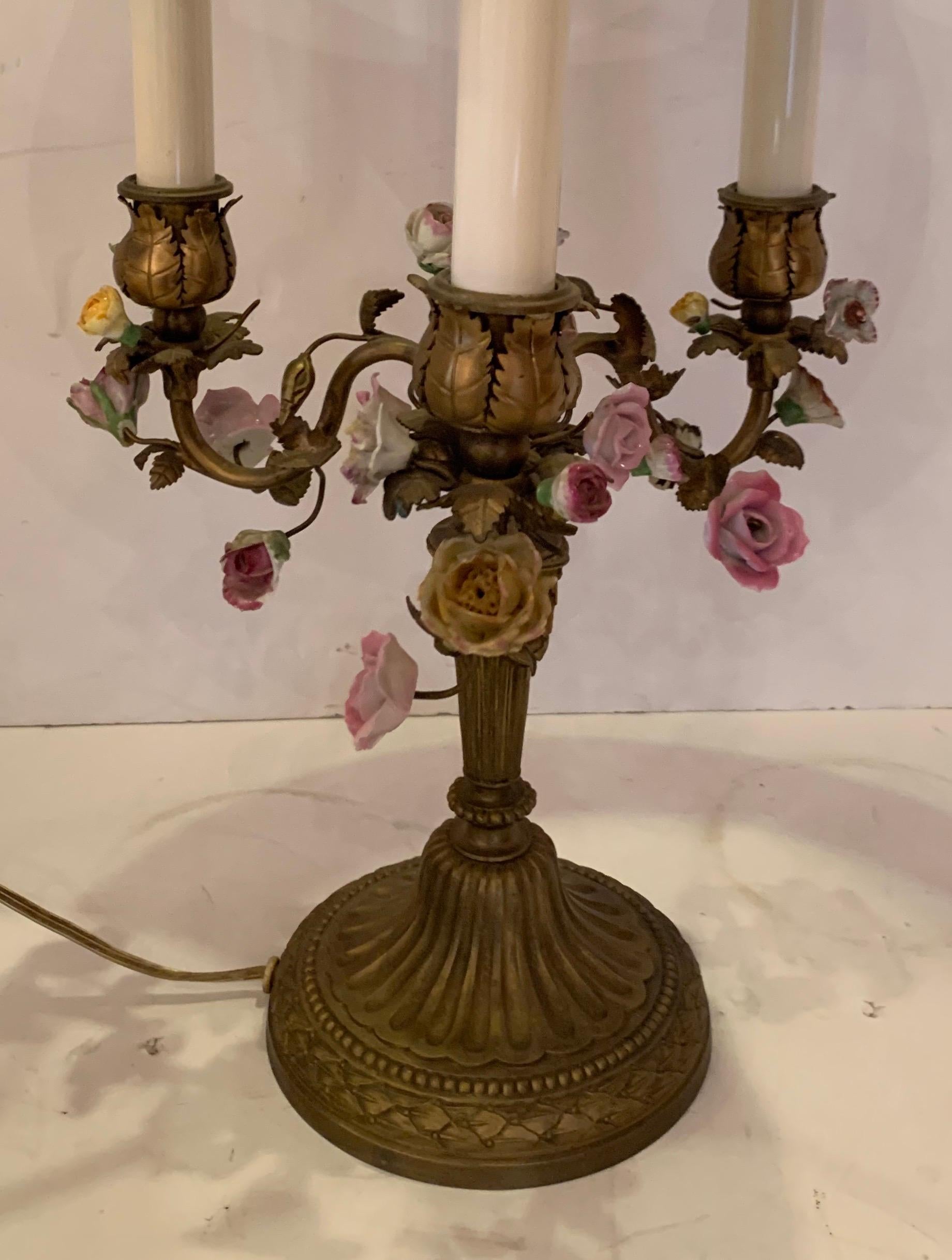 Belle Époque Wonderful French Bronze Candelabra Bouillotte Lamp Porcelain Flowers Tole Shade For Sale