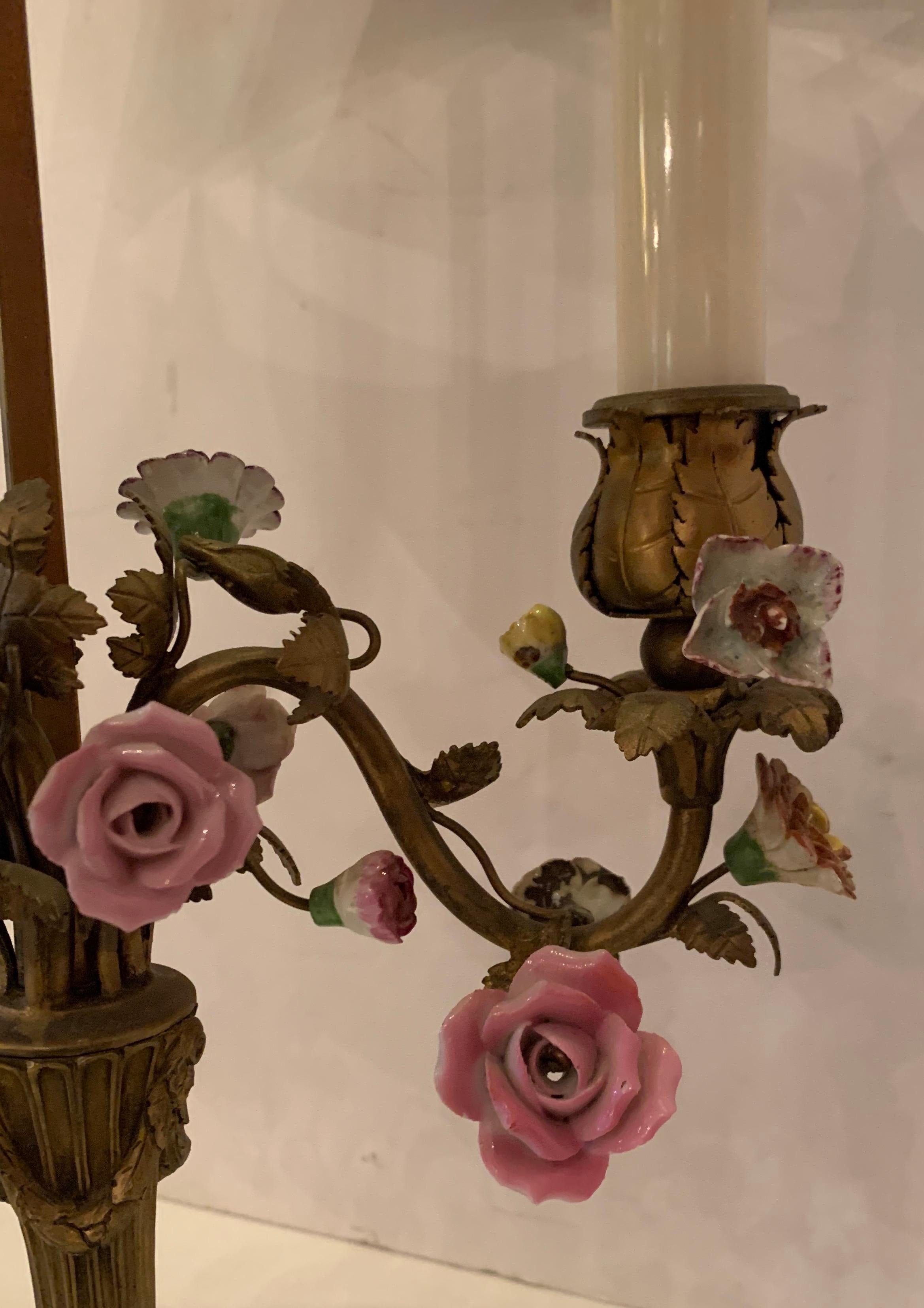 20th Century Wonderful French Bronze Candelabra Bouillotte Lamp Porcelain Flowers Tole Shade For Sale