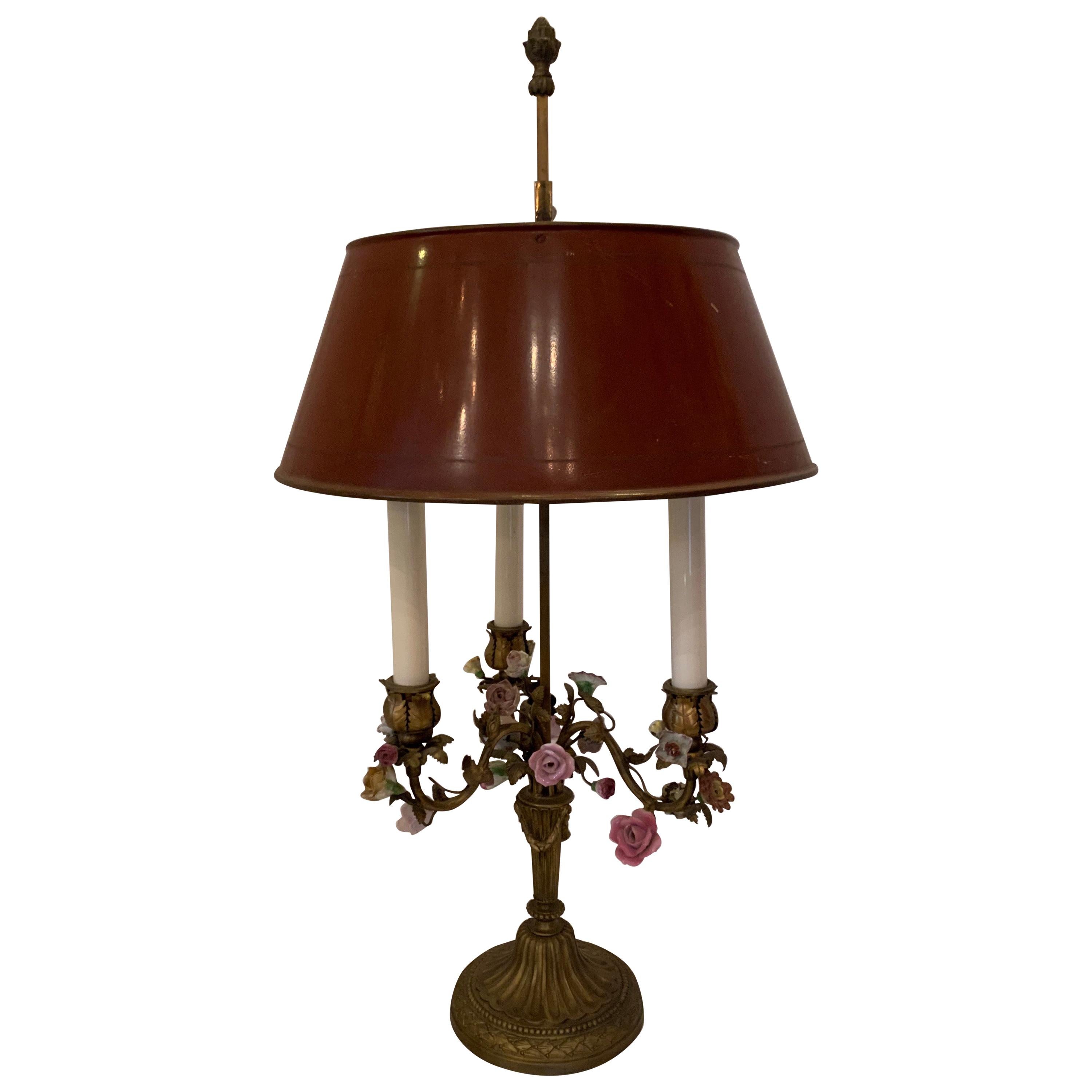 Wonderful French Bronze Candelabra Bouillotte Lamp Porcelain Flowers Tole Shade For Sale