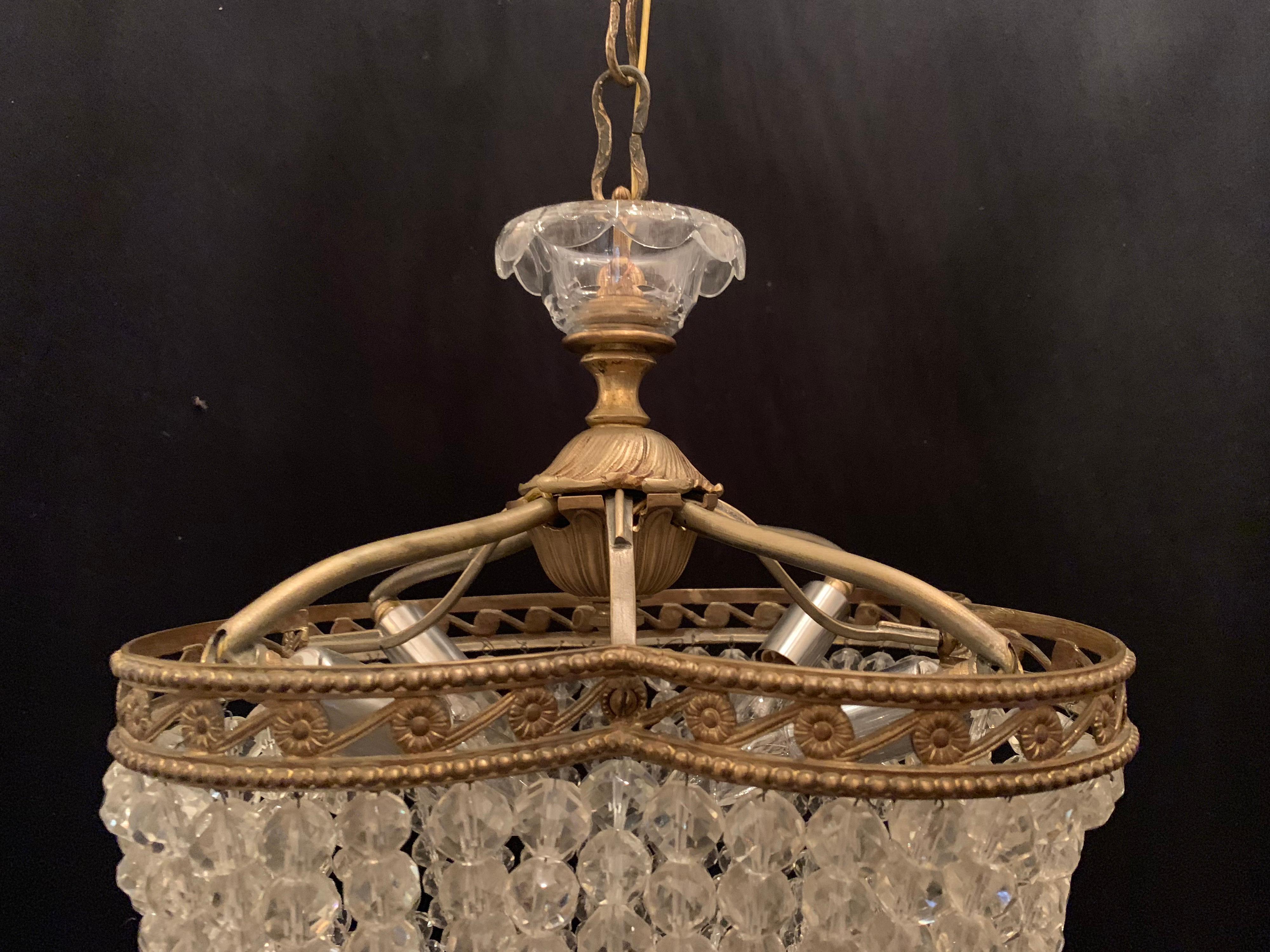 Wonderful French Bronze Crystal Beaded Clover Ormolu Basket Chandelier Fixture In Good Condition In Roslyn, NY