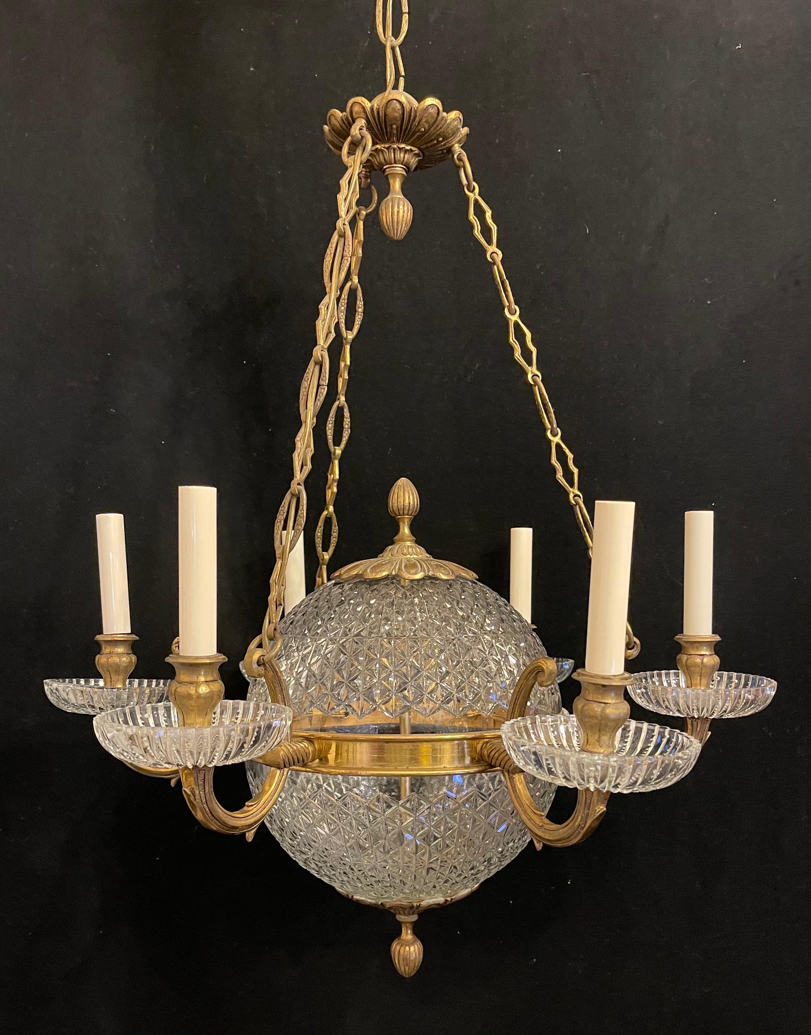 Wonderful French Bronze Crystal Neoclassical Empire Regency Orb Ball Chandelier In Good Condition In Roslyn, NY