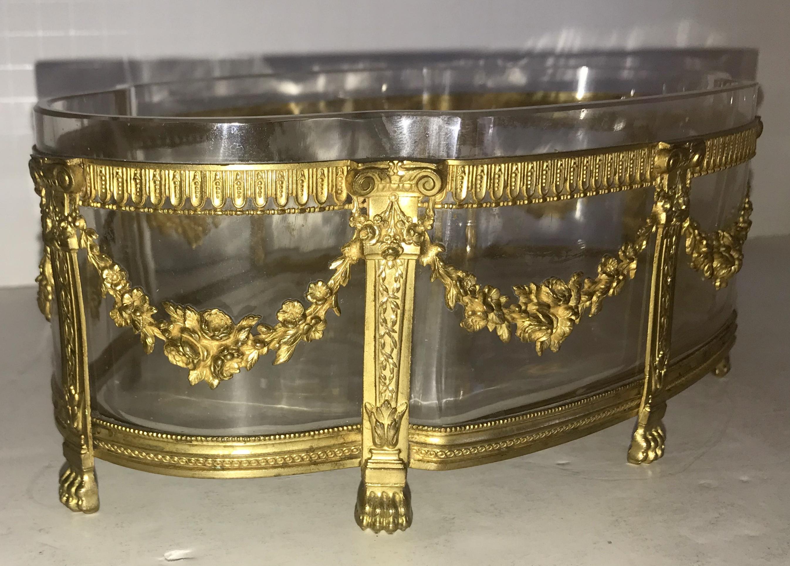 Gilt Wonderful French Bronze Crystal Oval Centerpiece Wreaths Swags Ormolu Paw Feet