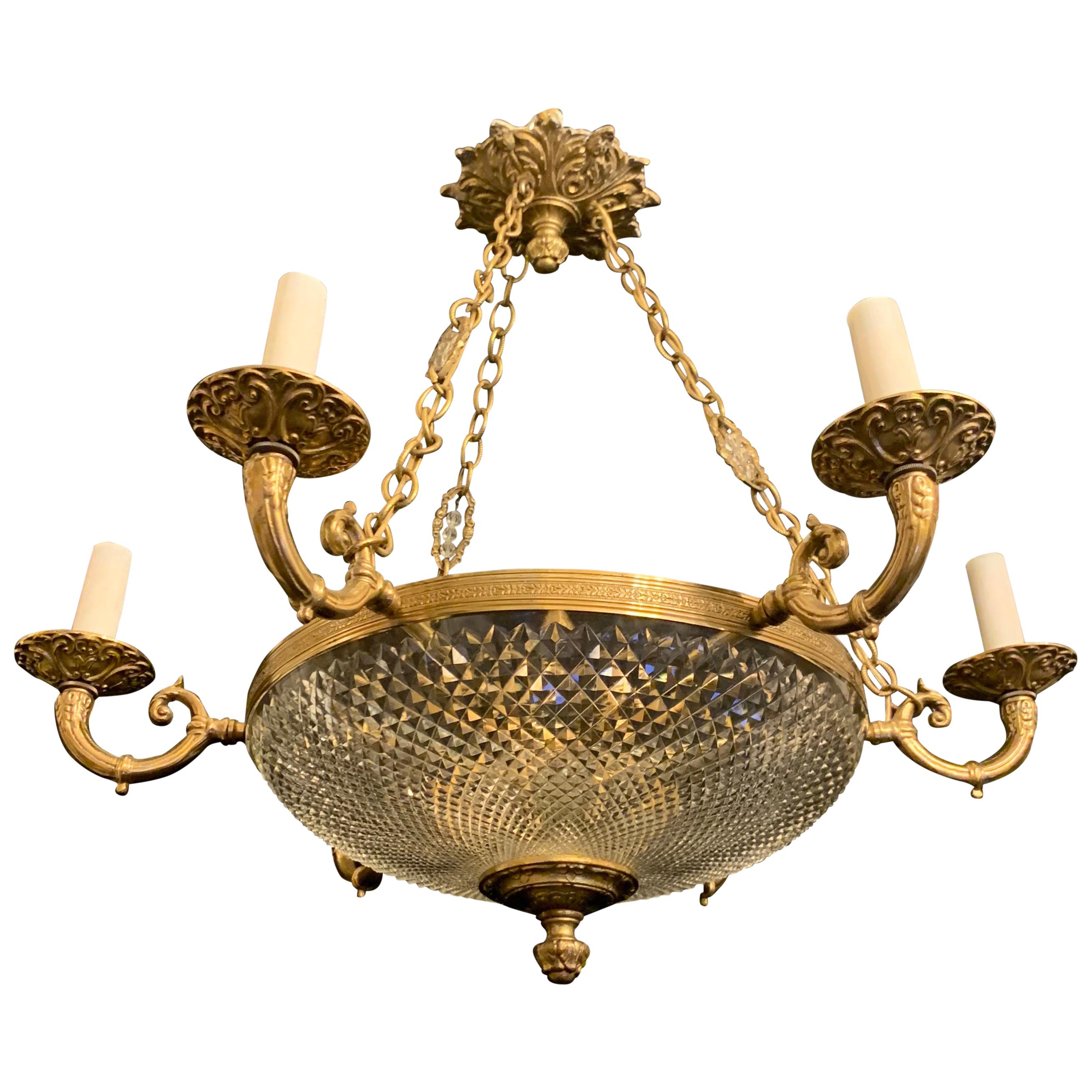 Wonderful French Bronze Cut Crystal Bowl Neoclassical Empire Chandelier Fixture