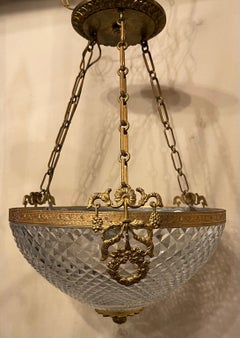 Wonderful French Bronze Cut Crystal Neoclassical Empire Ormolu Bowl Chandelier