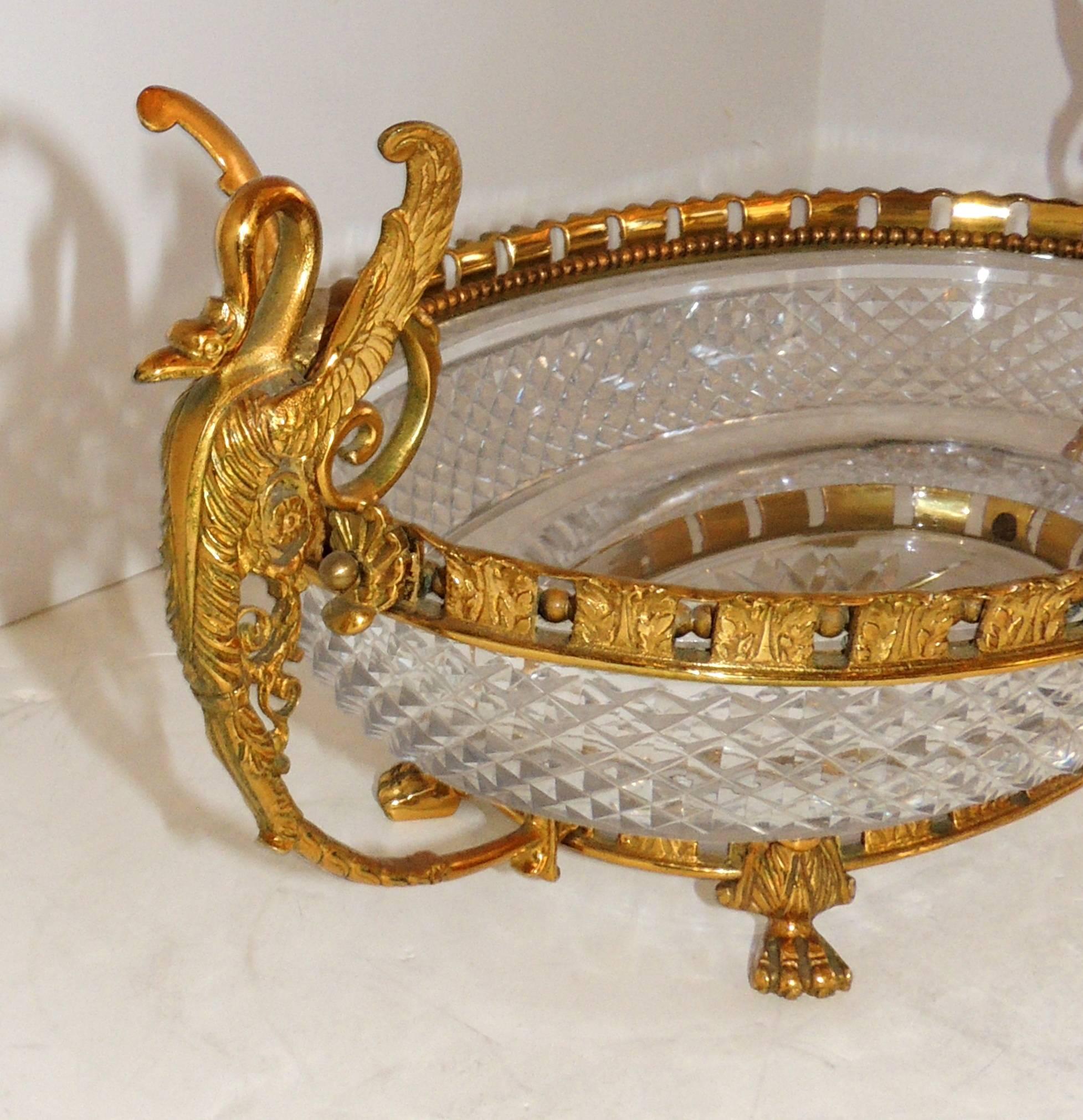 Neoclassical Wonderful French Bronze Diamond Cut Crystal Bronze Oval Centerpiece Swan Handles For Sale