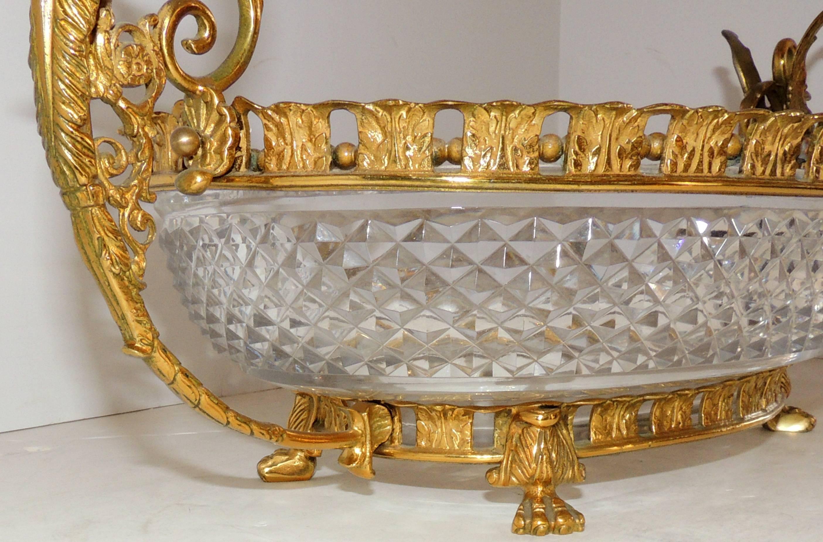Faceted Wonderful French Bronze Diamond Cut Crystal Bronze Oval Centerpiece Swan Handles For Sale