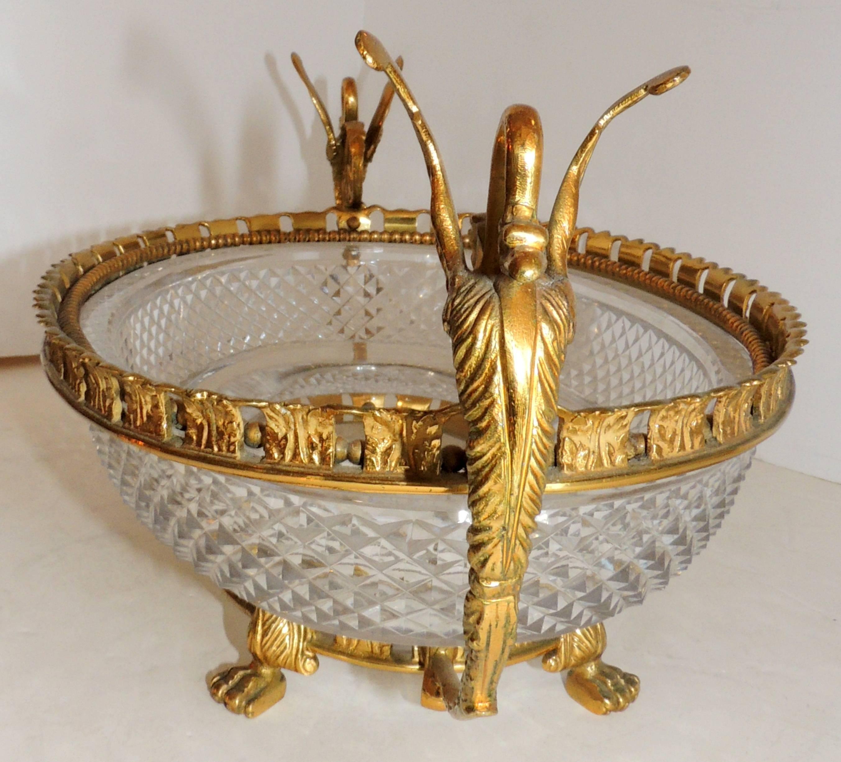 Wonderful French Bronze Diamond Cut Crystal Bronze Oval Centerpiece Swan Handles For Sale 1