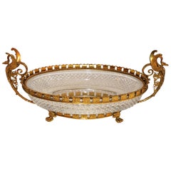 Vintage Wonderful French Bronze Diamond Cut Crystal Bronze Oval Centerpiece Swan Handles