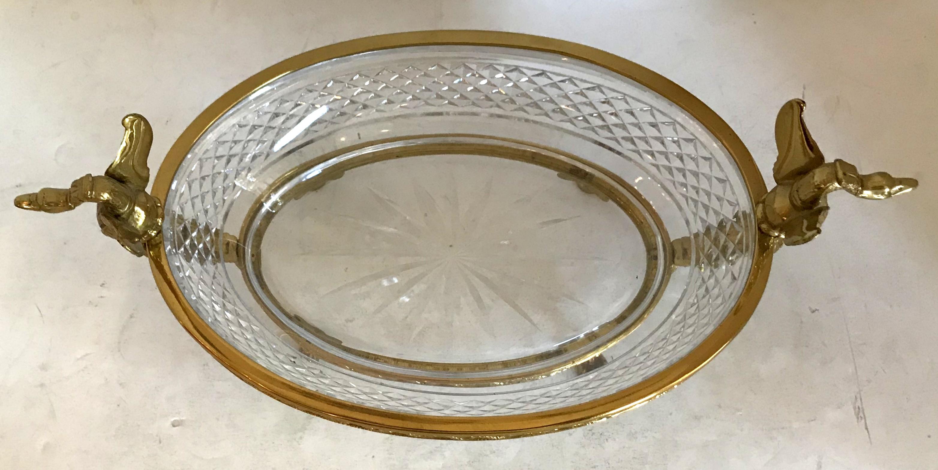 Empire Wonderful French Bronze Diamond Cut Crystal Oval Centerpiece Swan Ormolu Handles