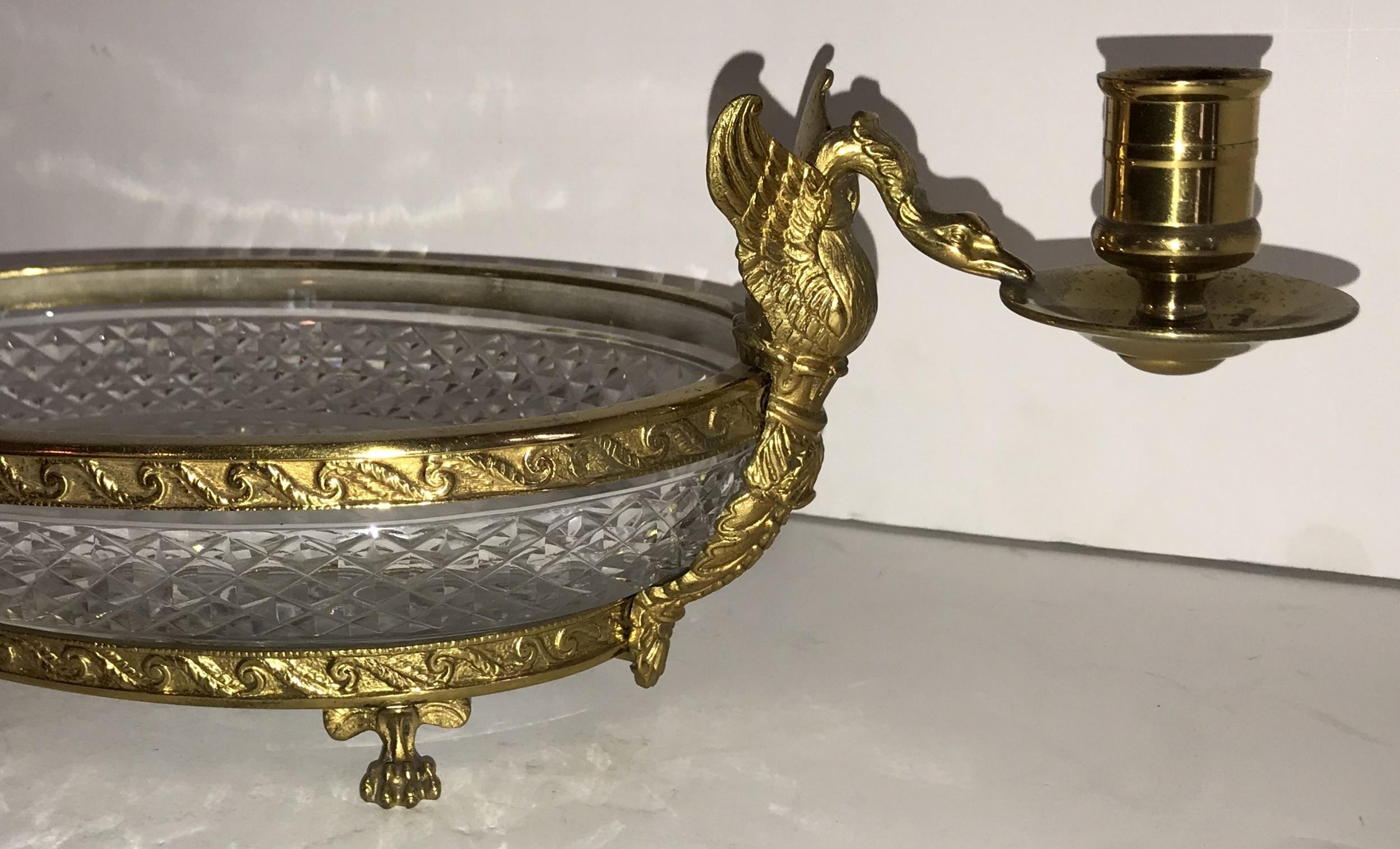 Belle Époque Wonderful French Bronze Diamond Cut Crystal Oval Centerpiece Swan Ormolu Handles For Sale