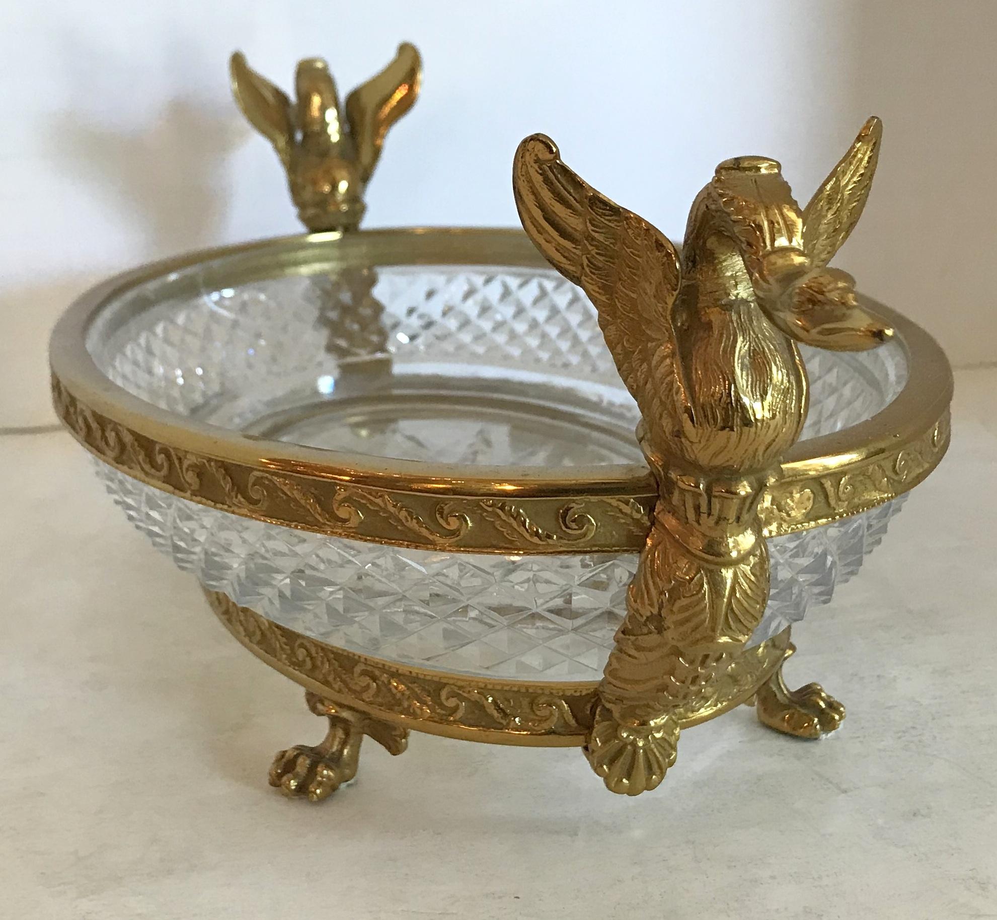 Wonderful French Bronze Diamond Cut Crystal Oval Centerpiece Swan Ormolu Handles In Good Condition In Roslyn, NY