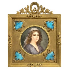 Vintage Wonderful French Bronze Enamel Blue Guilloche Miniature Painting Picture Frame
