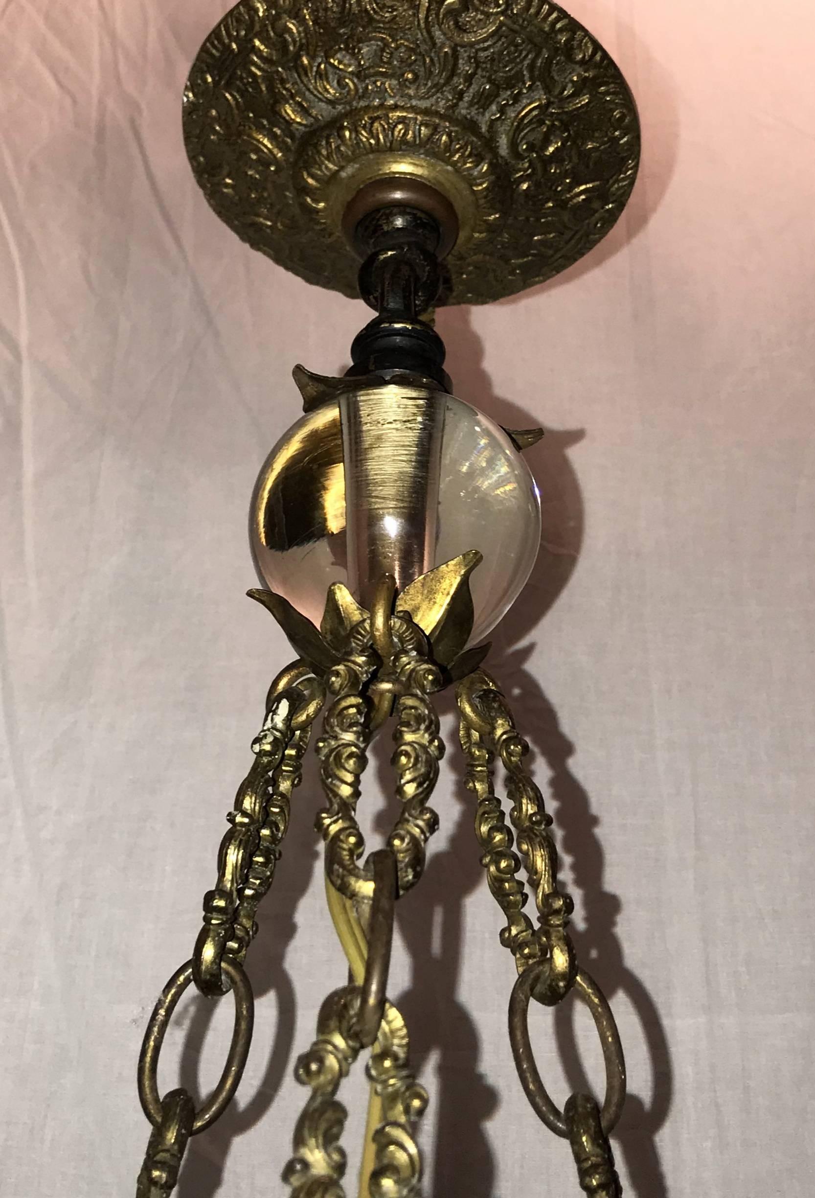 Wonderful French Bronze Frosted Glass Beaded Flower Basket Chandelier Fixture In Good Condition In Roslyn, NY