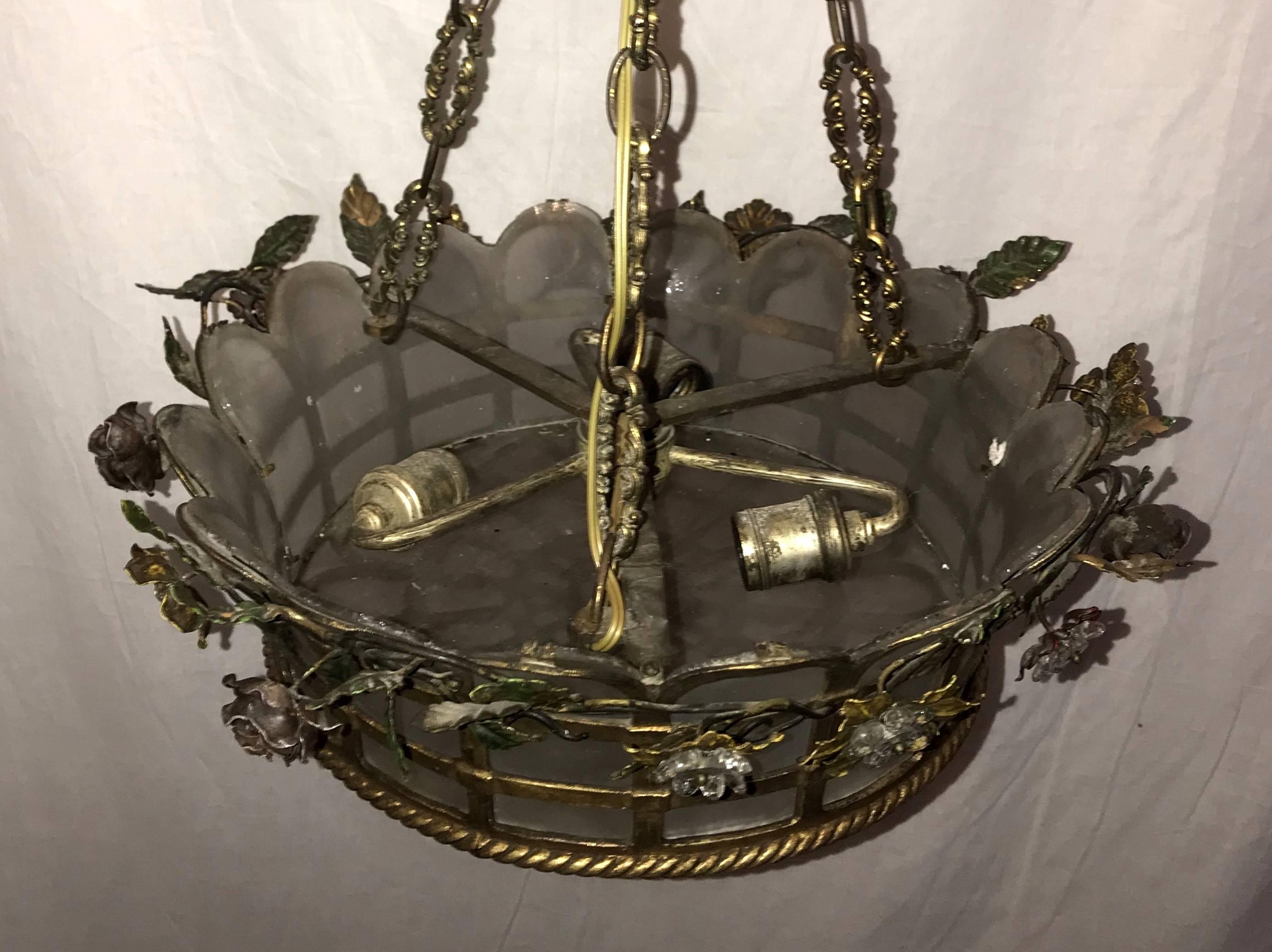Mid-20th Century Wonderful French Bronze Frosted Glass Beaded Flower Basket Chandelier Fixture