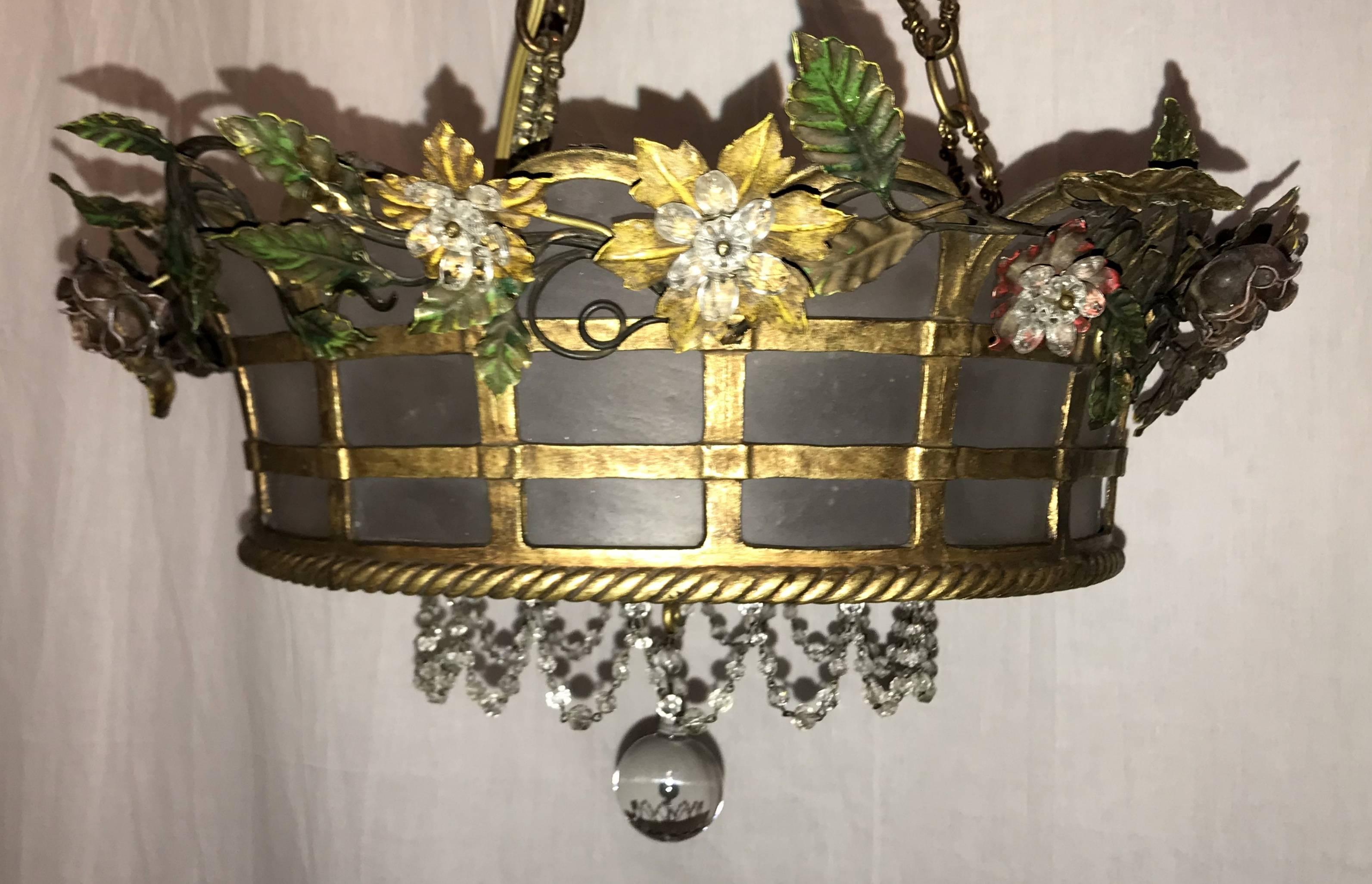 Wonderful French Bronze Frosted Glass Beaded Flower Basket Chandelier Fixture 1